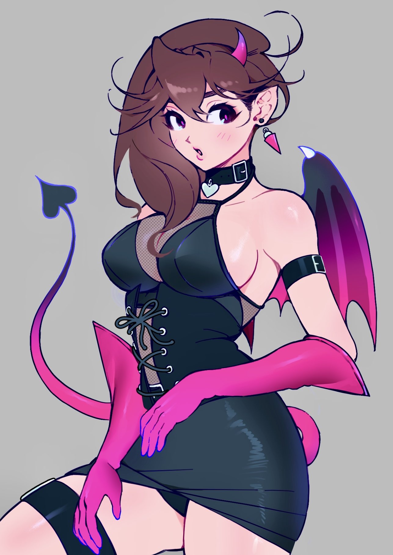 y8brass, ayase momo, dandadan, highres, 1girl, arm behind back, bare shoulders, black choker, black dress, black panties, breasts, brown hair, choker, cleavage, cowboy shot, demon girl, demon horns, demon tail, demon wings, dress, earrings, gloves, grey background, hair between eyes, heart, heart choker, horns, jewelry, large breasts, light blush, long hair, panties, parted lips, pink gloves, pointy ears, short dress, sideboob, solo, tail, thigh strap, underwear, upskirt, wings