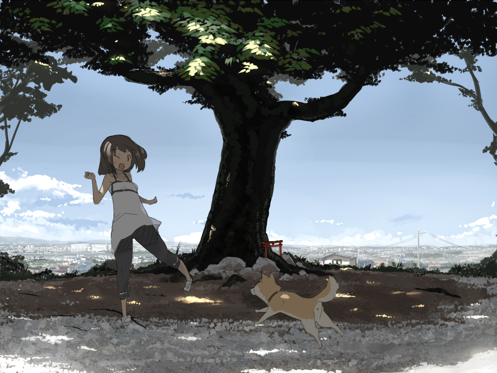 jitsu hidari, original, brown hair, cityscape, cloud, day, dog, scenery, shiba inu, sky, slice of life, torii, tree