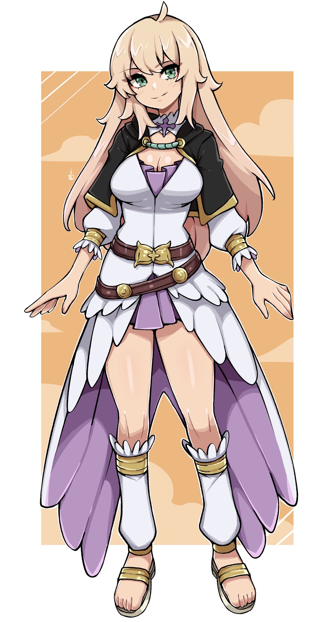 oninuer, original, commentary, commission, english commentary, highres, 1girl, ahoge, black capelet, blonde hair, border, breasts, capelet, cleavage, closed mouth, double-parted bangs, dress, full body, green eyes, large breasts, long hair, long sleeves, looking at viewer, outside border, sandals, smile, solo, standing, toes, white border, white dress, yellow background