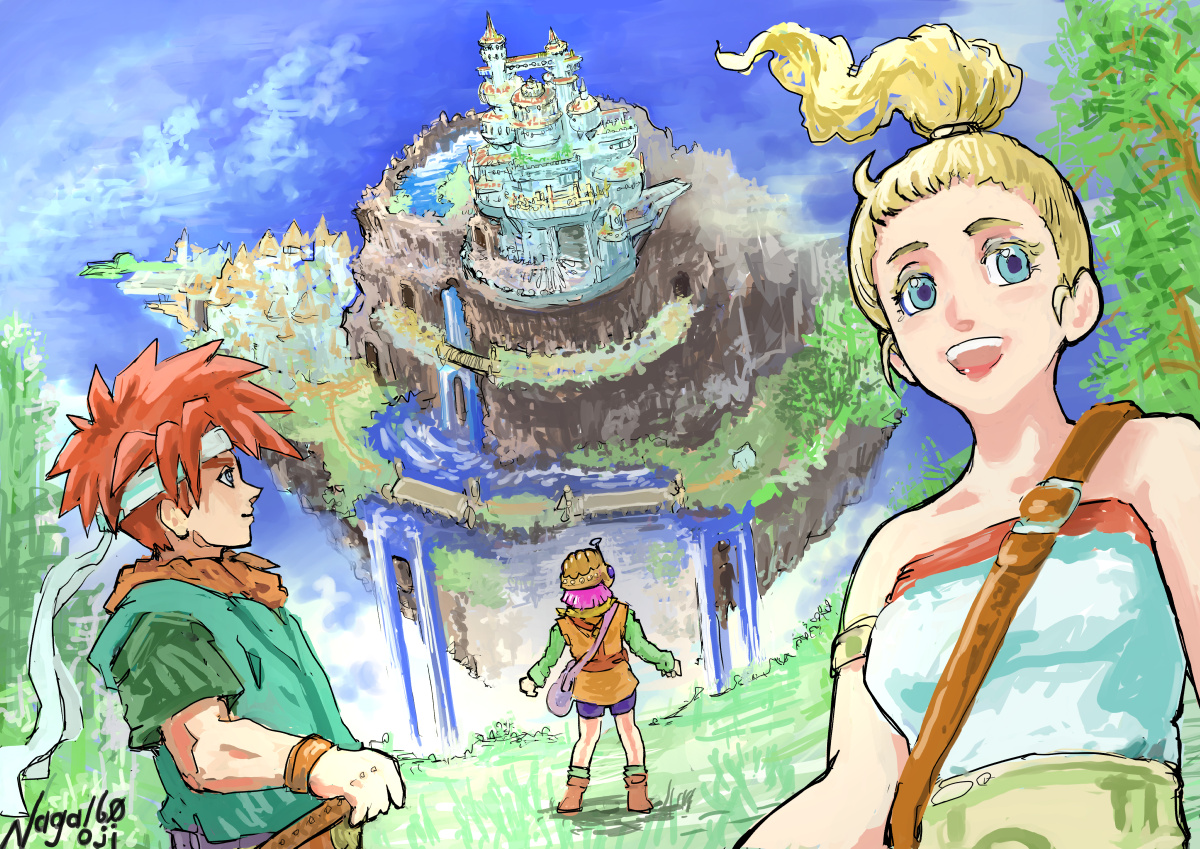 naga160oji, crono (chrono trigger), lucca ashtear, marle (chrono trigger), chrono trigger, 1boy, 2girls, artist name, bag, bare shoulders, black shorts, blonde hair, blue eyes, boots, breasts, brown boots, floating island, green shirt, green tunic, headband, helmet, holding, holding sword, holding weapon, long hair, medium breasts, multiple girls, necktie, open mouth, orange necktie, orange tunic, outdoors, parted bangs, ponytail, purple hair, red hair, romper, shirt, short hair, shorts, shoulder bag, smile, spiked hair, sword, tunic, upper body, water, waterfall, weapon, white headband, white romper
