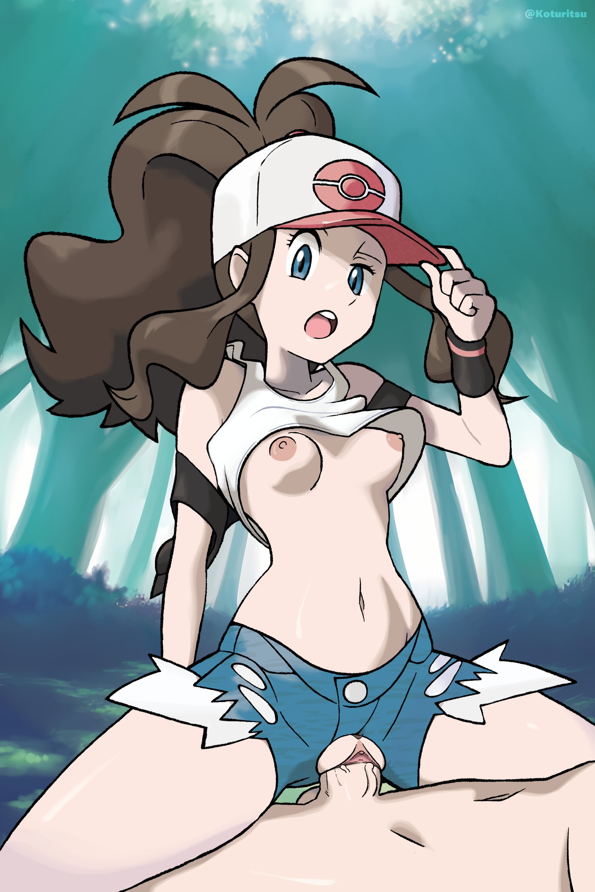 koturitsu, hilda (pokemon), nintendo, pokemon, pokemon bw, absurdres, commentary, commission, highres, 1boy, 1girl, :o, baseball cap, blue eyes, breasts, brown hair, clothed female nude male, clothes lift, day, exposed pocket, eyelashes, forest, girl on top, half-closed eye, hand on headwear, hand up, hat, hetero, high ponytail, long hair, nature, navel, nipples, nude, official style, open mouth, outdoors, penis, ponytail, pussy, pussy cutout, sex, shirt lift, shorts, sidelocks, spread legs, teeth, testicles, twitter username, uncensored, upper teeth only, vaginal, watermark, white hat, wristband