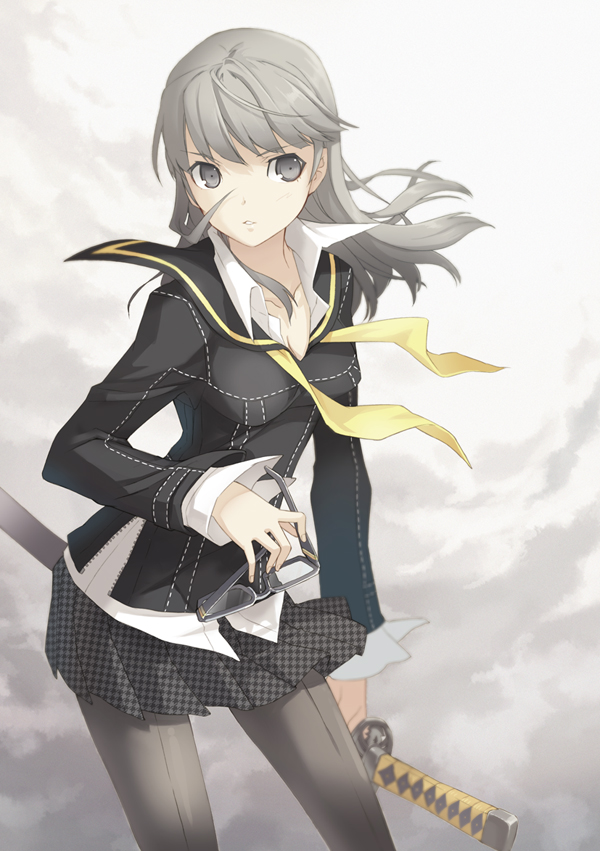 h2so4, narukami yu, atlus, persona, persona 4, bad id, bad pixiv id, 1girl, female focus, genderswap, genderswap (mtf), glasses, grey eyes, grey hair, grey theme, katana, long hair, miniskirt, pantyhose, plaid clothes, plaid skirt, pleated skirt, school uniform, skirt, solo, standing, sword, weapon