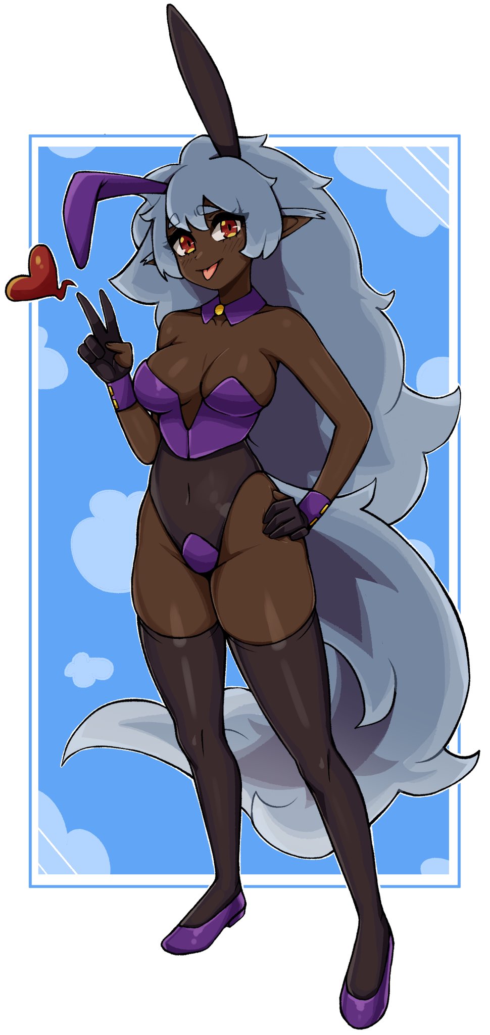 oninuer, original, commentary, commission, english commentary, highres, 1girl, animal ears, black gloves, black thighhighs, blue background, blue hair, border, breasts, brown eyes, dark-skinned female, dark skin, detached collar, double-parted bangs, fake animal ears, full body, gloves, hand on own hip, hand up, heart, large breasts, leotard, long hair, looking at viewer, outside border, playboy bunny, pointy ears, purple leotard, purple shoes, rabbit ears, shoes, smile, solo, strapless, strapless leotard, tail, thighhighs, tongue, tongue out, v, white border