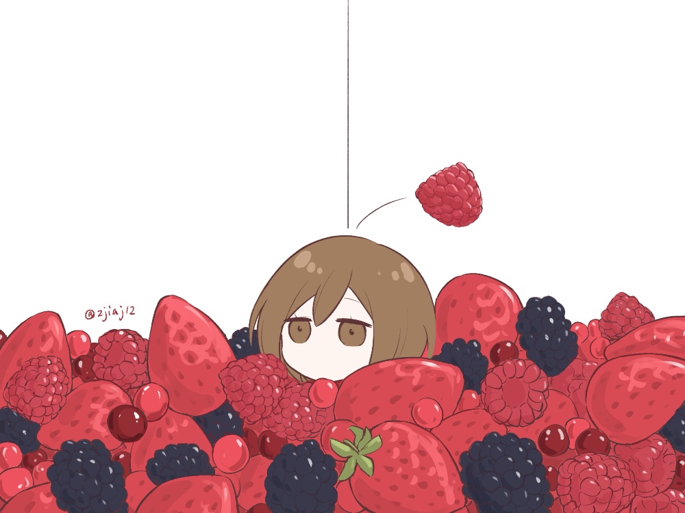 hariikei, meiko (vocaloid), vocaloid, commentary request, 1girl, berry, blackberry (fruit), brown eyes, brown hair, chibi, chibi only, food, fruit, jitome, mini person, minigirl, raspberry, short hair, solo, strawberry