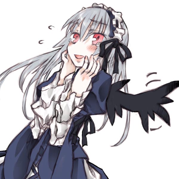 kakashichi, suigintou, rozen maiden, silver hair, 00s, 1girl, blush, female focus, hairband, simple background, solo, wings