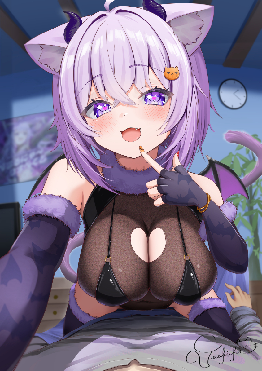 torakichi 888, nekomata okayu, hololive, commentary request, 1boy, 1girl, ahoge, alternate costume, animal ear fluff, animal ears, black leotard, blush, breasts, cat ears, cat girl, cat tail, cleavage cutout, clothing cutout, covered navel, demon horns, demon wings, elbow gloves, fang, finger to mouth, fingerless gloves, fingernails, fur-trimmed gloves, fur-trimmed thighhighs, fur collar, fur trim, gloves, hair between eyes, heart, heart-shaped pupils, horns, indoors, large breasts, leotard, looking at viewer, multicolored nails, nail polish, open mouth, pov, purple eyes, purple gloves, purple hair, purple tail, purple thighhighs, see-through clothes, see-through leotard, short hair, sitting, sitting on person, solo focus, symbol-shaped pupils, tail, thighhighs, virtual youtuber, wings