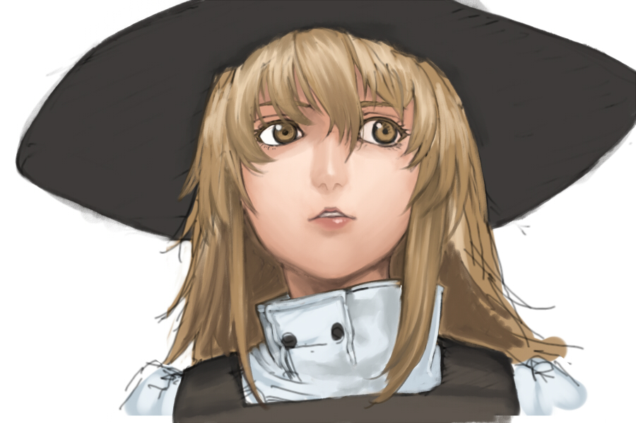 chibi maru, kirisame marisa, touhou, bad id, bad pixiv id, 1girl, blonde hair, female focus, hat, portrait, realistic, solo, upper body, witch, witch hat, yellow eyes