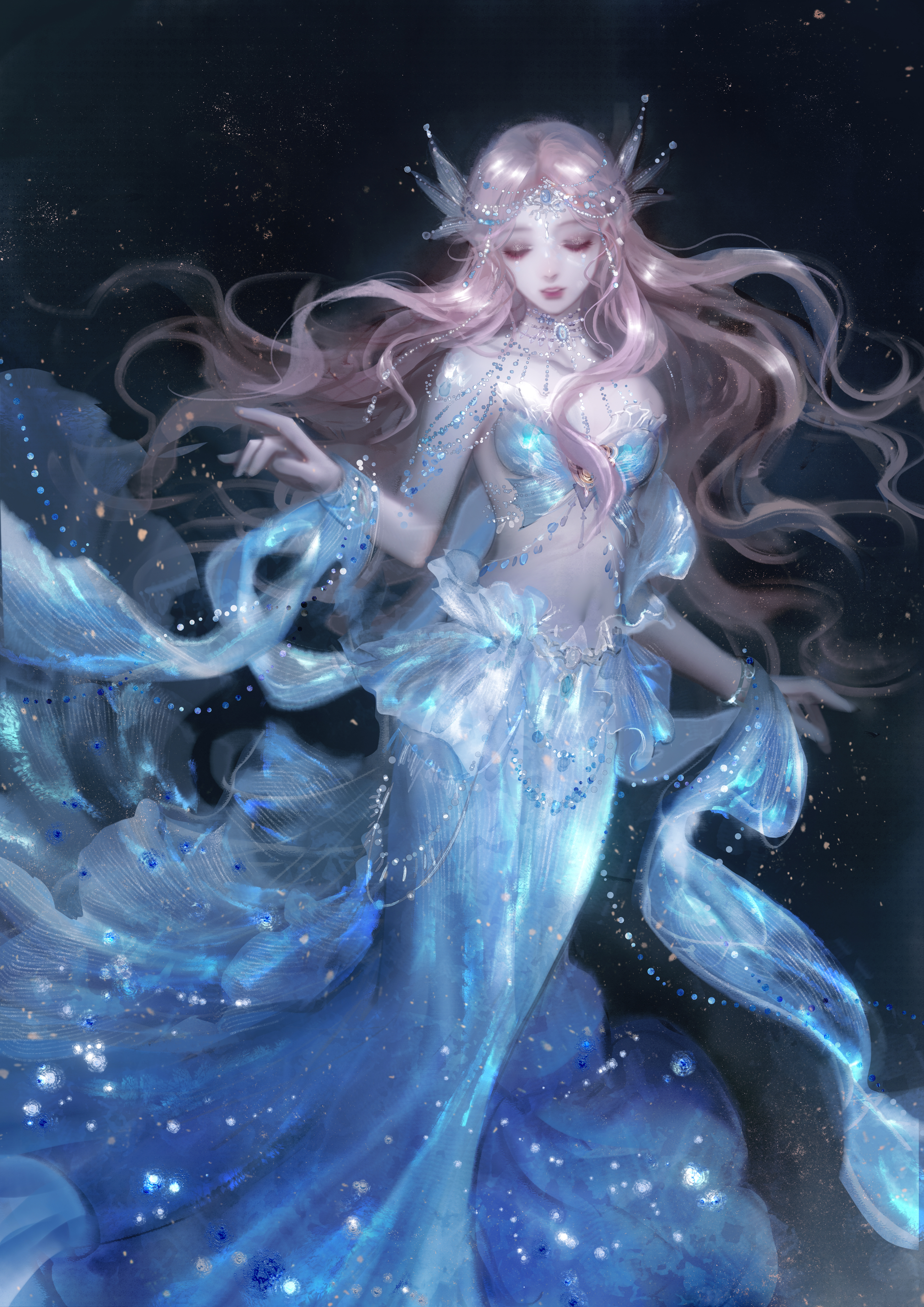 sasora, snowy ballad (infinity nikki), infinity nikki, nikki (series), absurdres, chinese commentary, commentary request, highres, 1girl, bare shoulders, bikini, black background, blue bikini, blue skirt, blue wrist cuffs, bracelet, breasts, circlet, cleavage, closed eyes, eyelashes, feet, fins, floating hair, frilled skirt, frills, head fins, jewelry, light particles, lipstick, long hair, long sidelocks, long skirt, makeup, mermaid costume, navel, necklace, official alternate color, open mouth, pink hair, realistic, red lips, sidelocks, simple background, skirt, small breasts, solo, stomach, strapless, strapless bikini, swimsuit, very long hair, wavy hair, wrist cuffs