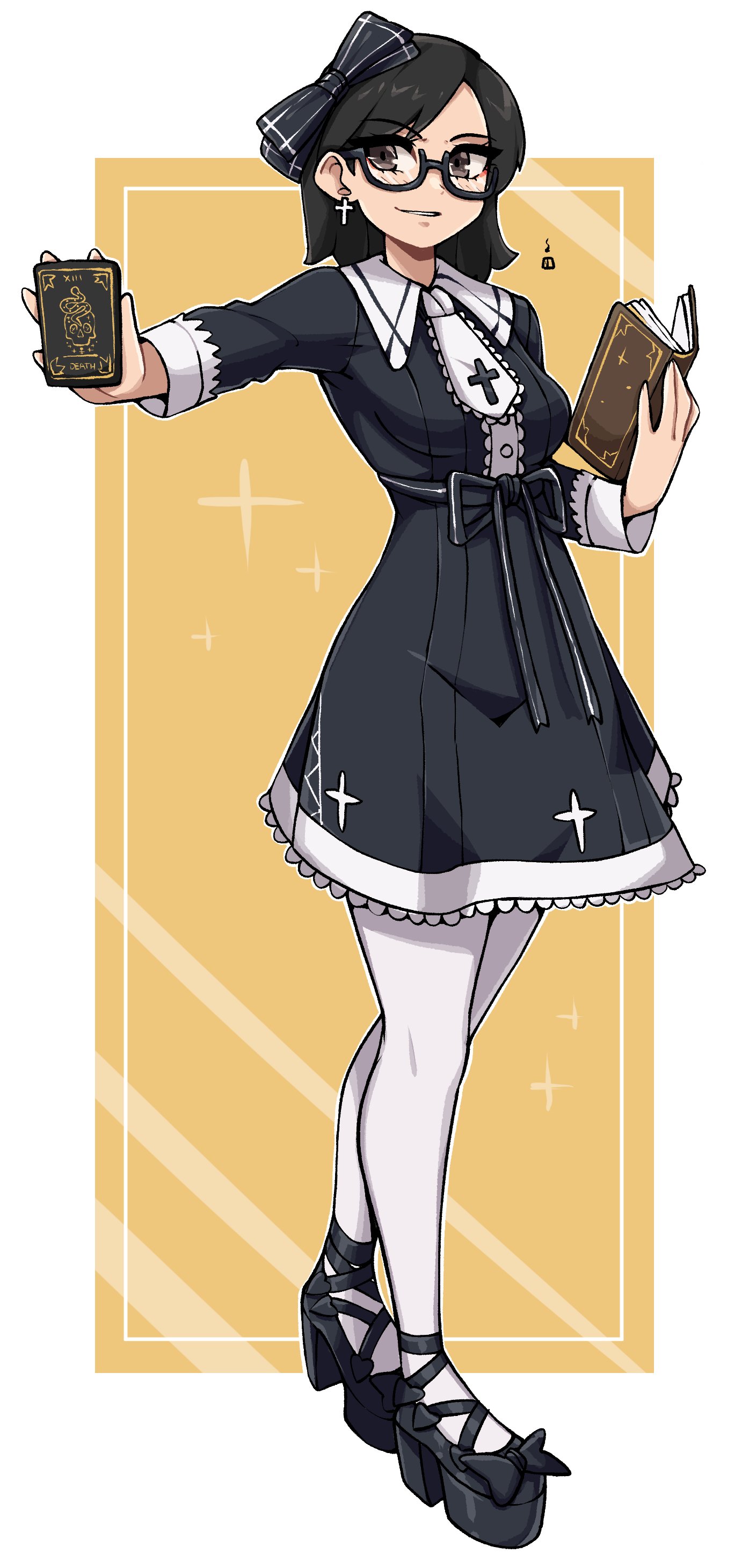 oninuer, original, absurdres, commentary, commission, english commentary, highres, 1girl, black-framed eyewear, black dress, black eyes, black hair, black shoes, book, border, breasts, card, collared dress, cross, cross earrings, cross print, death (tarot), dress, earrings, full body, glasses, holding, holding book, holding card, jewelry, long sleeves, looking at viewer, medium breasts, outside border, parted bangs, parted lips, platform shoes, shoes, short hair, smile, solo, standing, tarot, tarot card, thighhighs, white border, white thighhighs, yellow background