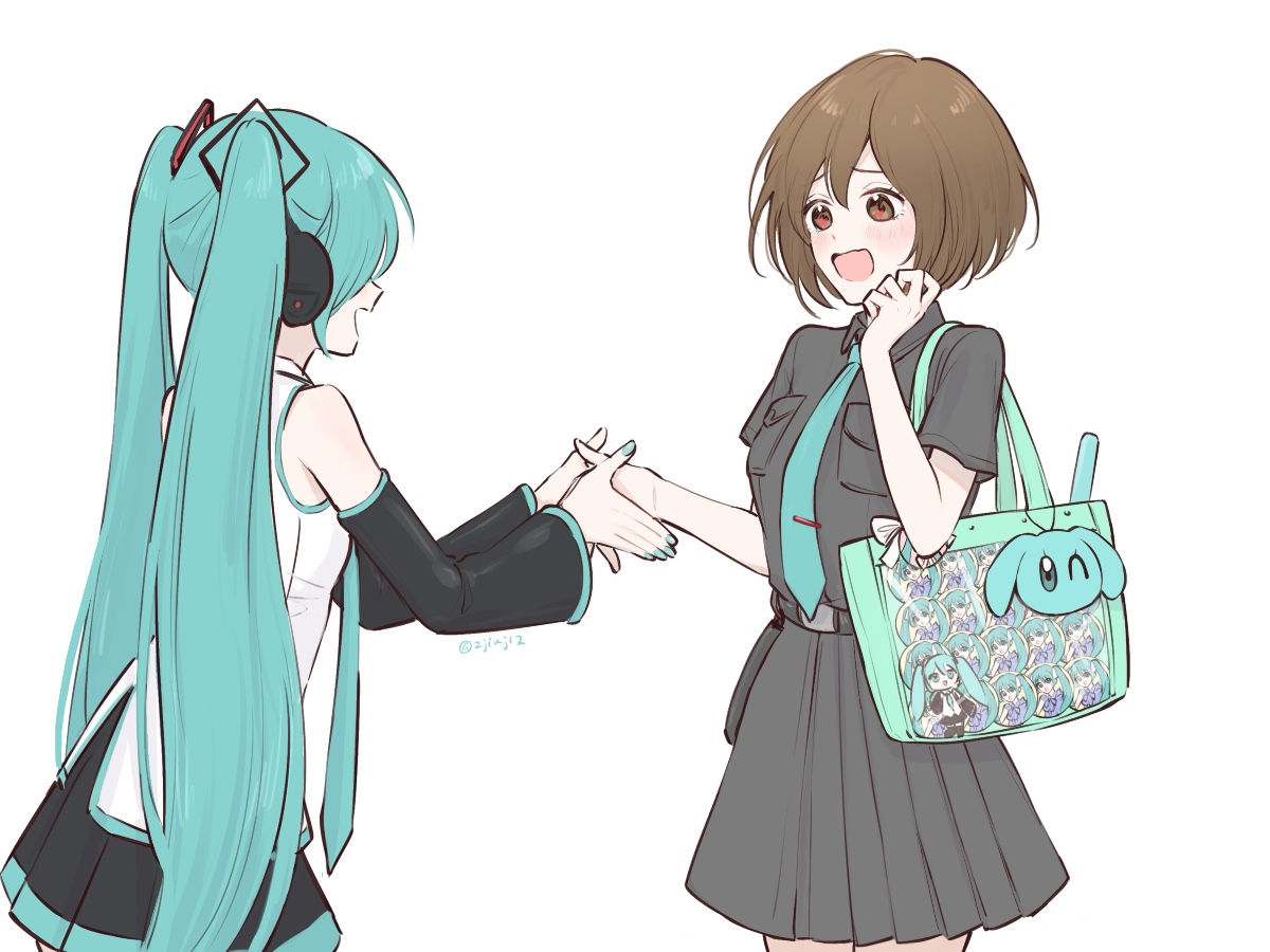 hariikei, hatsune miku, meiko (vocaloid), vocaloid, commentary request, 2girls, bag, belt, blue hair, blush, brown eyes, brown hair, character charm, charm (object), collared shirt, detached sleeves, glowstick, hair ornament, headphones, itabag, lightstick, long hair, long sleeves, looking at another, multiple girls, nail polish, necktie, open mouth, pleated skirt, shirt, short sleeves, skirt, sleeveless, sleeveless shirt, smile, tote bag, twintails, very long hair