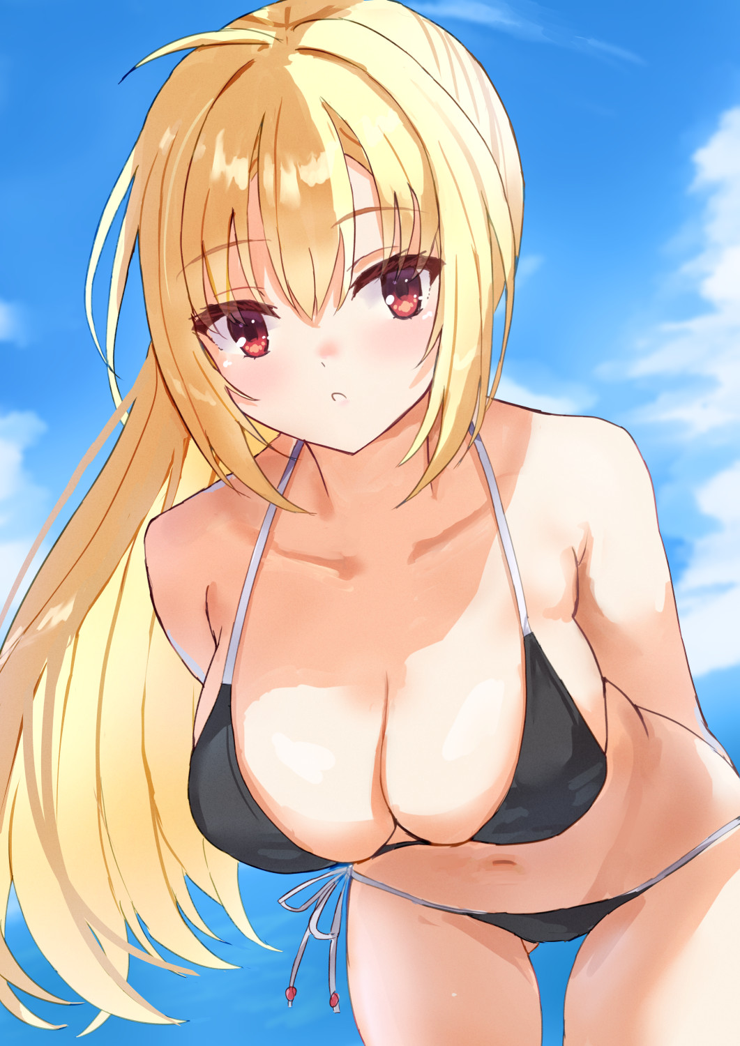 nowa2109, arihara nanami, riddle joker, commentary, highres, 1girl, ahoge, alternate costume, armpit crease, arms behind back, bare shoulders, bikini, black bikini, blonde hair, blue sky, blush, breasts, cleavage, cloud, collarbone, cowboy shot, day, deep skin, eyes visible through hair, floating hair, gluteal fold, hair between eyes, halterneck, large breasts, leaning forward, long hair, looking at viewer, outdoors, parted lips, red eyes, side-tie bikini bottom, sidelighting, sidelocks, sky, solo, straight hair, swimsuit, very long hair