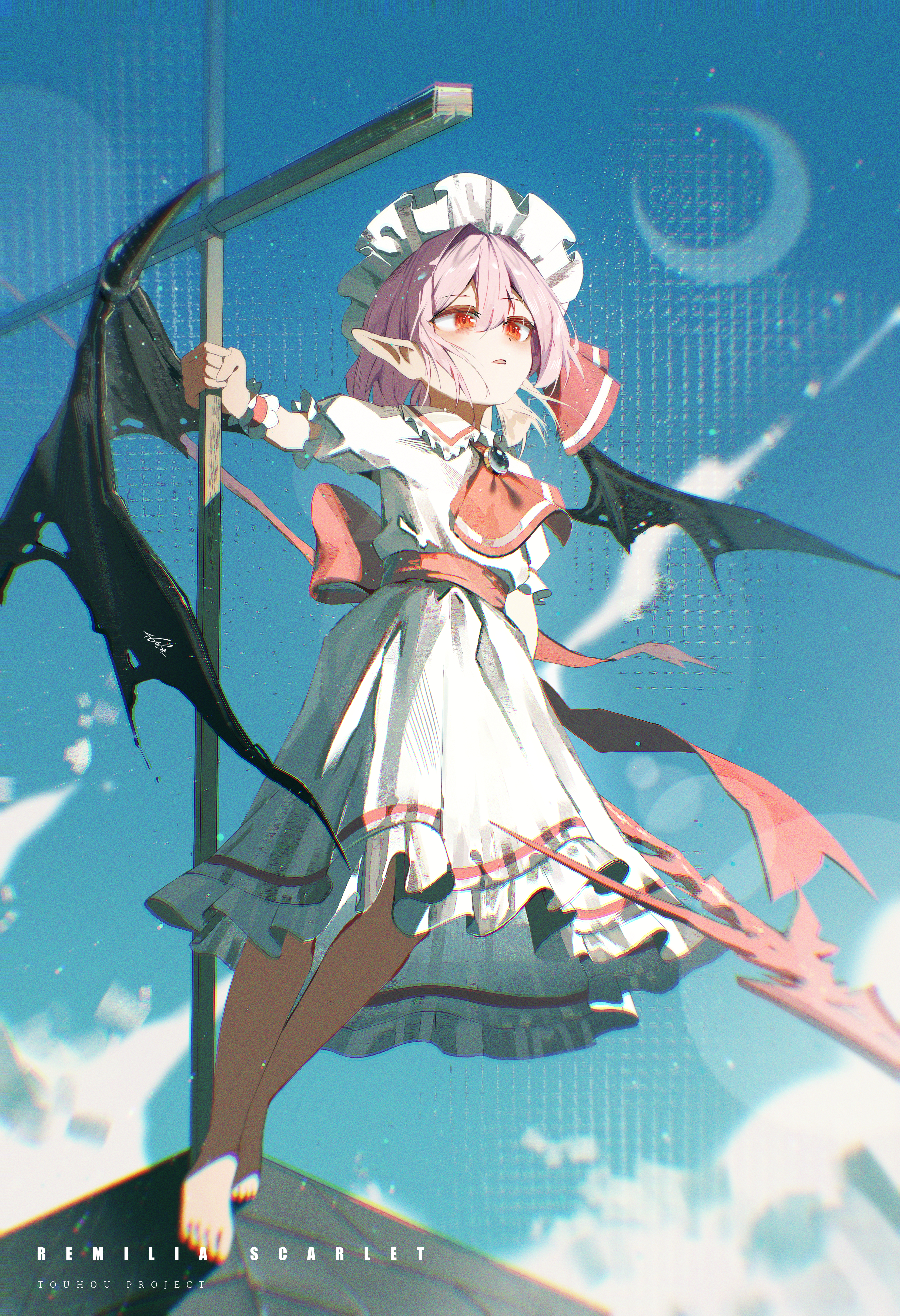 flan 5oo, remilia scarlet, touhou, absurdres, highres, 1girl, ascot, back bow, barefoot, bat wings, black wings, blonde hair, blue sky, blush, bow, brooch, cloud, cloudy sky, crescent moon, cross, dress, hat, hat ribbon, holding, holding polearm, holding weapon, jewelry, large bow, mob cap, moon, parted lips, pink hat, polearm, puffy short sleeves, puffy sleeves, purple hair, red ascot, red bow, red eyes, ribbon, rooftop, short hair, short sleeves, siblings, sisters, sky, smile, solo, spear, spear the gungnir, standing, torn wings, weapon, wings, wrist cuffs