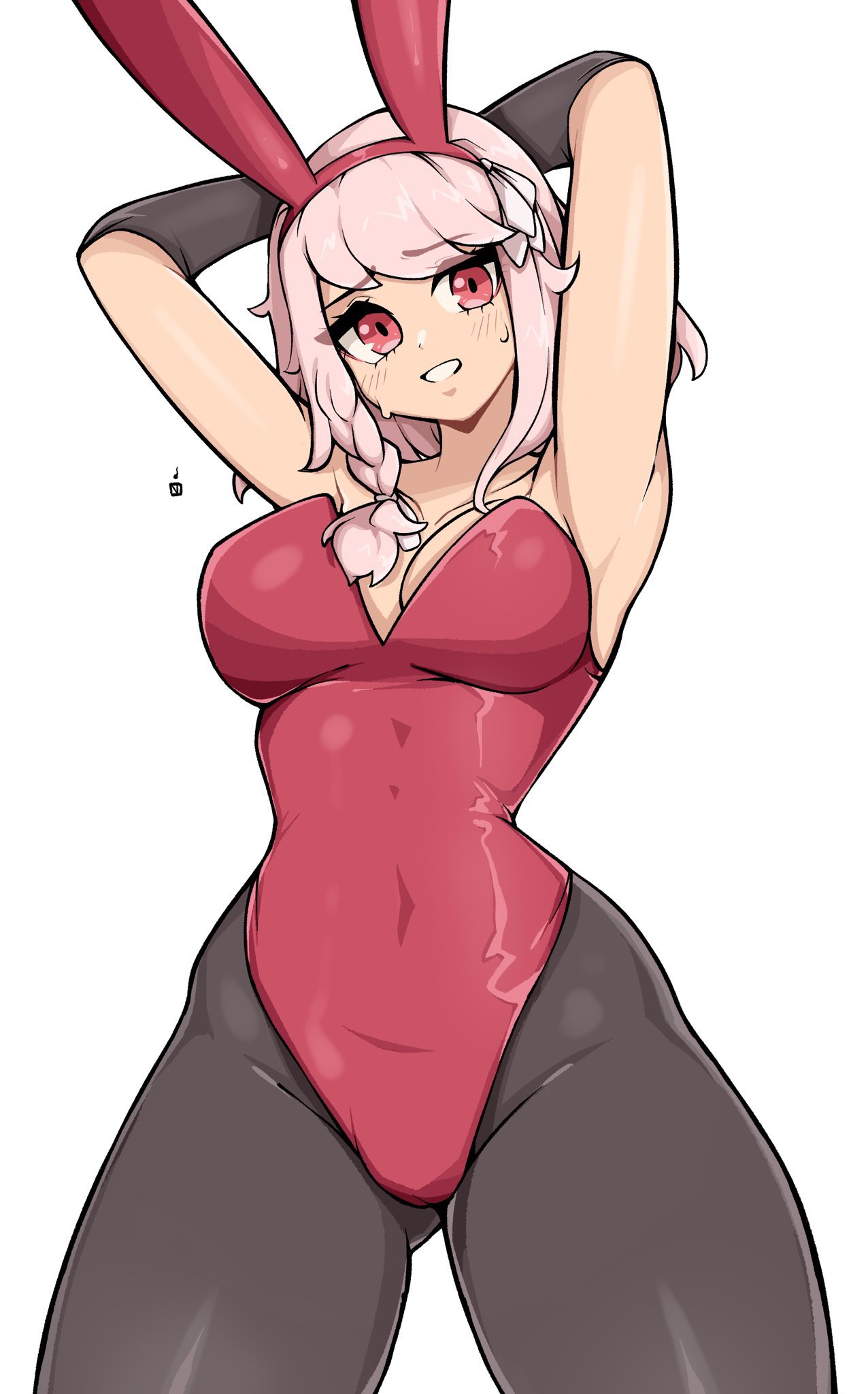 oninuer, original, commentary, commission, english commentary, highres, 1girl, animal ear hairband, animal ears, armpits, arms behind head, arms up, black pantyhose, braid, breasts, cowboy shot, detached sleeves, fake animal ears, hairband, large breasts, leotard, looking at viewer, medium hair, pantyhose, pink hair, playboy bunny, rabbit ear hairband, rabbit ears, red hairband, red leotard, simple background, smile, solo, strapless, strapless leotard, sweat, swept bangs, white background
