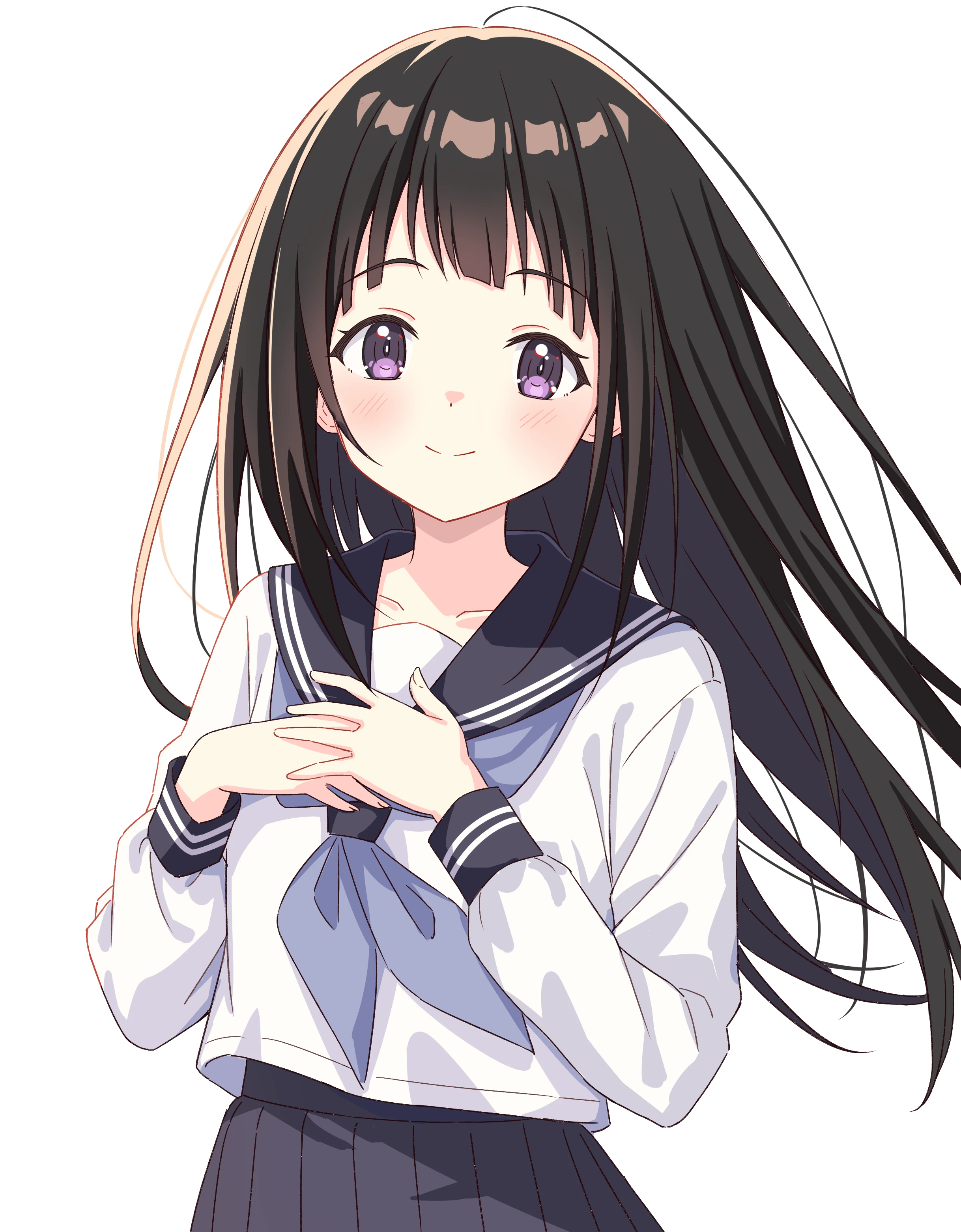 setteiset, chitanda eru, hyouka, absurdres, highres, 1girl, black sailor collar, black skirt, blue neckerchief, blunt bangs, blush, bright pupils, closed mouth, cowboy shot, floating hair, hands up, long hair, long sleeves, looking at viewer, neckerchief, own hands together, pleated skirt, purple eyes, sailor collar, school uniform, serafuku, shirt, sidelocks, simple background, skirt, smile, solo, split mouth, straight hair, tareme, very long hair, white background, white pupils, white shirt