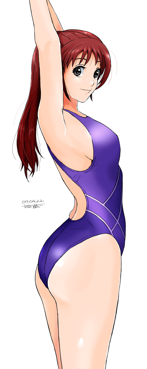 ryouzou, highres, 1girl, ass, breasts, competition swimsuit, female focus, large breasts, long hair, one-piece swimsuit, ponytail, red hair, sideboob, simple background, solo, swimsuit