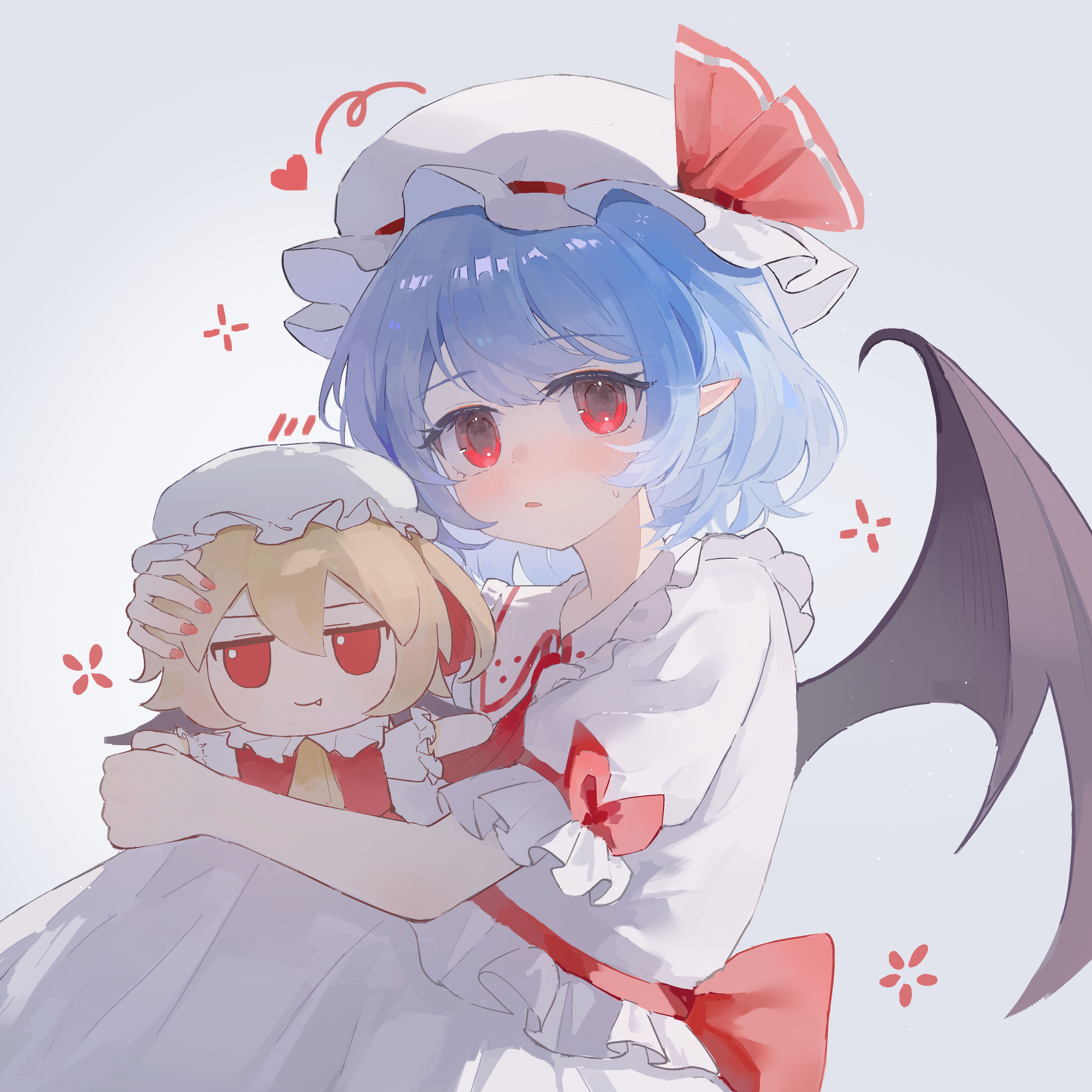 yuuneka, remilia scarlet, touhou, absurdres, highres, 1girl, bat wings, bow, censored, character doll, doll, frilled hat, frilled sleeves, frills, fumo (doll), hat, hat ribbon, heart, holding, holding doll, mob cap, mosaic censoring, parted lips, pointy ears, puffy short sleeves, puffy sleeves, purple hair, red bow, red eyes, red ribbon, ribbon, shirt, short hair, short sleeves, skirt, solo, sweatdrop, waist bow, white hat, white shirt, white skirt, wings