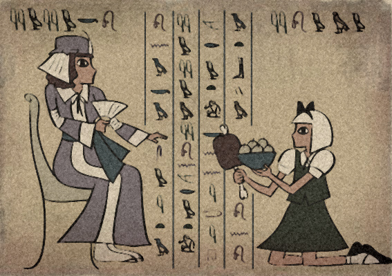 midori (green tea), midori (pixiv), konpaku youmu, saigyouji yuyuko, touhou, 2girls, black hair, boned meat, egypt, egyptian art, faux egyptian, faux text, female focus, fine art parody, food, giving, hand fan, hat, hieroglyphics, hieroglyphs, kneeling, meat, multiple girls, parody, ranguage, religious offering, ribbon, sitting, skirt, white hair