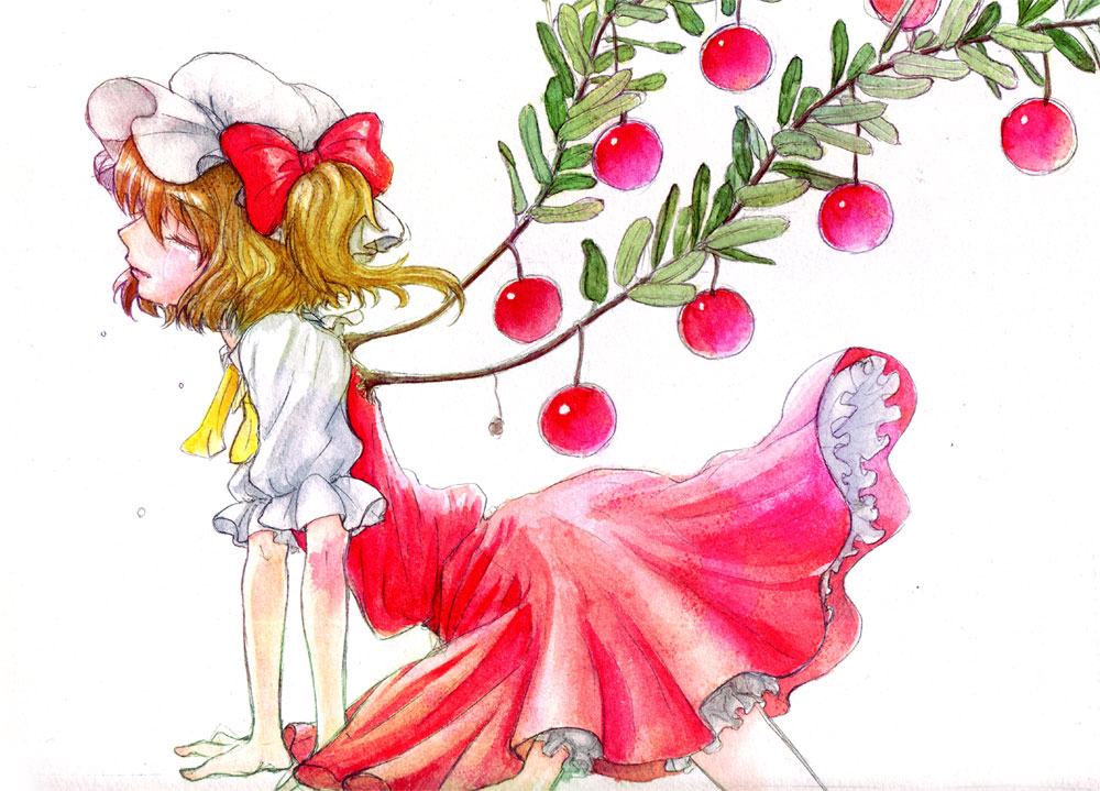 sada noriko, sunata, flandre scarlet, touhou, traditional media, 1girl, alternate wings, blonde hair, closed eyes, female focus, food, fruit, hat, ribbon, short hair, solo, tears, wings