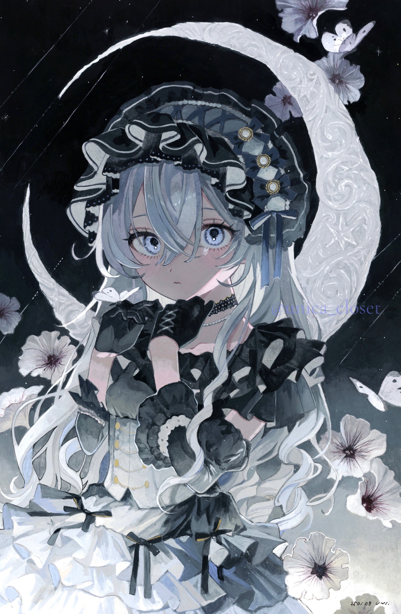 uni (setsuna gumi39), original, acrylic paint (medium), commentary request, highres, painting (medium), traditional media, 1girl, black bow, black dress, black gloves, black hairband, black ribbon, blue eyes, bow, breasts, bug, butterfly, butterfly on hand, choker, closed mouth, collarbone, corset, crescent moon, dated, detached sleeves, double-parted bangs, dress, flower, frilled dress, frilled hairband, frills, gloves, gothic lolita, gradient clothes, gradient dress, grey dress, hair between eyes, hairband, hands up, insect, lace-trimmed choker, lace trim, layered dress, lolita fashion, lolita hairband, long hair, looking at viewer, moon, night, night sky, pearl choker, ribbon, ribbon-trimmed hairband, signature, sky, small breasts, solo, standing, star (sky), starry sky, twitter username, upper body, very long hair, watermark, white corset, white flower, white hair