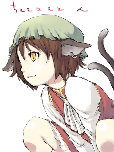 f-cla, chen, touhou, bad id, bad pixiv id, 1girl, animal ears, brown hair, cat ears, cat girl, cat tail, earrings, fang, female focus, jewelry, multiple tails, simple background, sketch, slit pupils, solo, tail, twintails, yellow eyes
