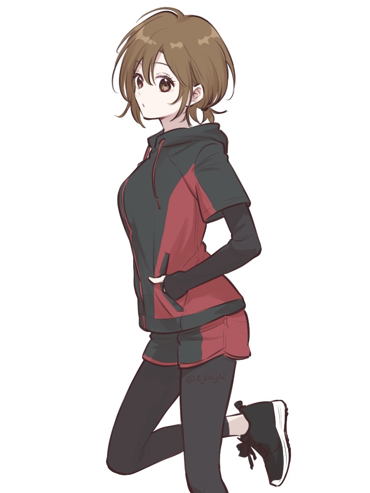 hariikei, meiko (vocaloid), vocaloid, commentary request, 1girl, brown eyes, brown hair, hand in pocket, hood, hood down, hoodie, layered sleeves, leggings under shorts, long sleeves, looking at viewer, ponytail, shoes, short hair, short over long sleeves, short ponytail, short sleeves, shorts, sleeves past wrists, sneakers, solo, standing, standing on one leg