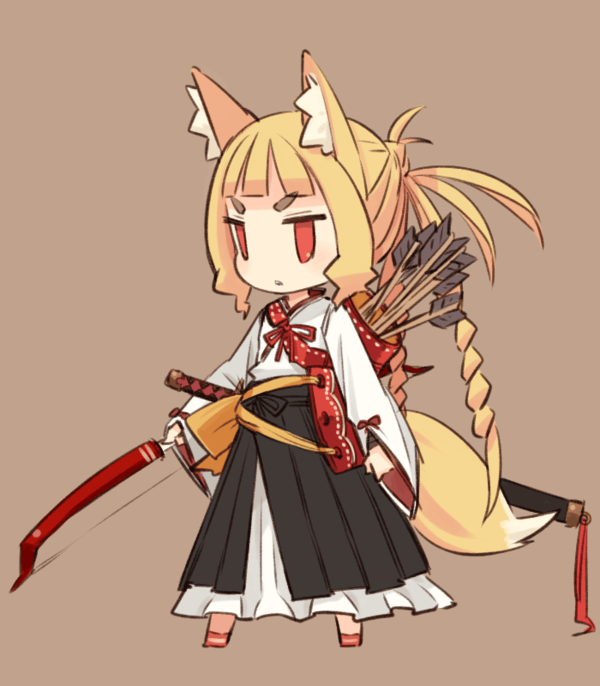 mota, original, 1girl, animal ears, arrow (projectile), blonde hair, bow (weapon), braid, female focus, fox ears, fox tail, full body, hakama, hakama skirt, japanese clothes, katana, quiver, red eyes, simple background, skirt, solo, standing, sword, tail, weapon