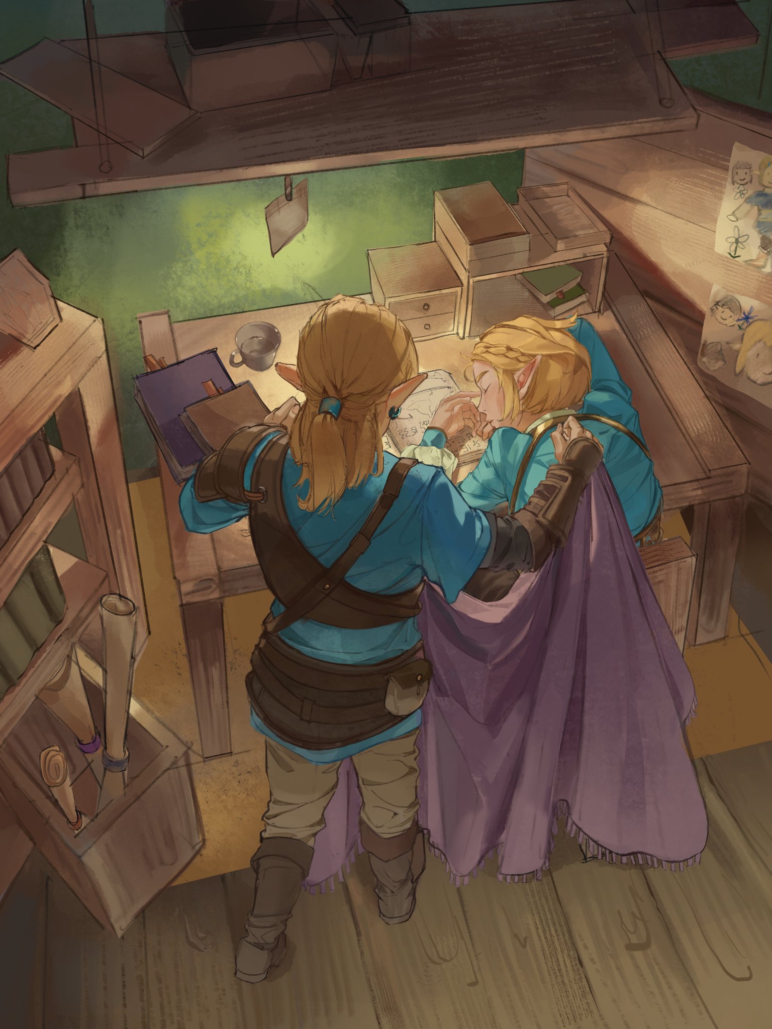 link, princess zelda, nintendo, the legend of zelda, the legend of zelda: breath of the wild, the legend of zelda: tears of the kingdom, highres, 1boy, 1girl, aqua shirt, aqua tunic, armor, blonde hair, boots, braid, brown boots, closed eyes, crown braid, desk, earrings, from above, grey pants, hair tie, jewelry, leather armor, low ponytail, medium hair, pants, parted bangs, poi, ponytail, rollingxz, scroll, shirt, short hair, sidelocks, single shoulder pad, tunic, vambraces, wooden floor