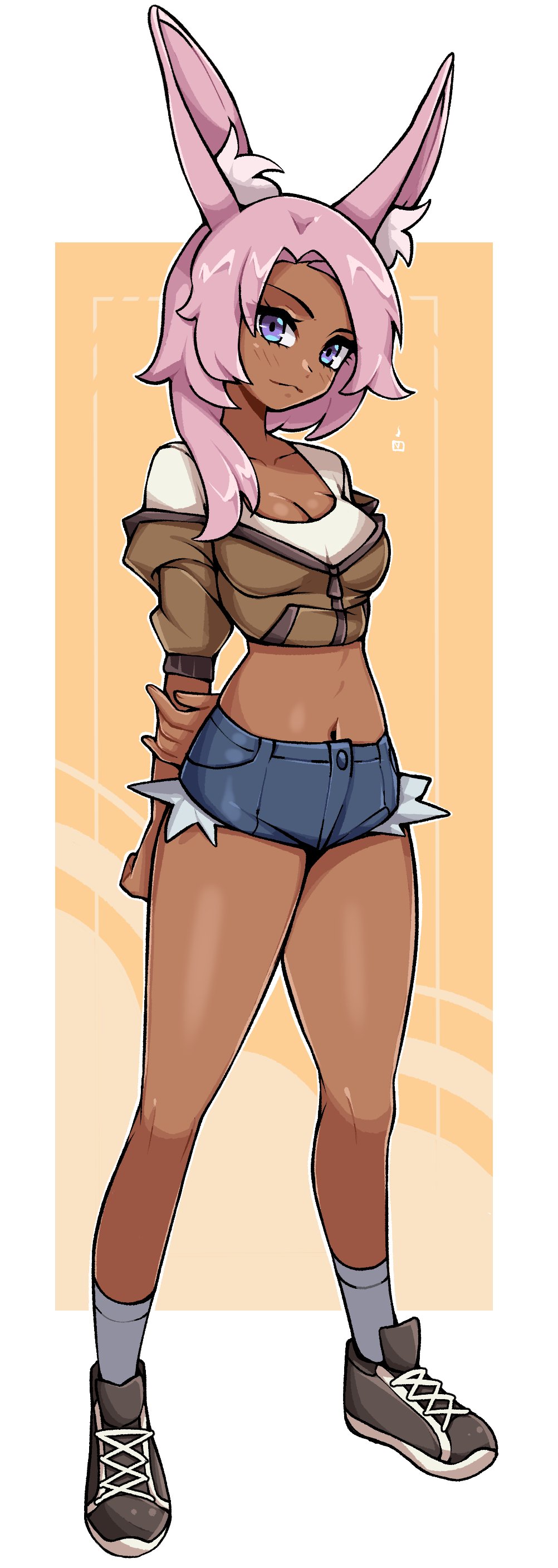 oninuer, original, absurdres, commentary, commission, english commentary, highres, 1girl, animal ear fluff, animal ears, arms behind back, black shoes, blue eyes, blue shorts, border, breasts, brown jacket, cleavage, closed mouth, cropped jacket, cropped shirt, dark-skinned female, dark skin, full body, jacket, looking at viewer, medium breasts, medium hair, midriff, outside border, pink hair, rabbit ears, rabbit girl, shirt, shoes, short shorts, shorts, solo, standing, white border, white shirt, yellow background
