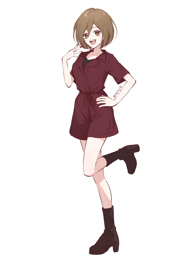 hariikei, meiko (vocaloid), vocaloid, commentary request, 1girl, boots, brown eyes, brown hair, full body, hand on own hip, hand up, high heel boots, high heels, looking at viewer, nail polish, open mouth, short jumpsuit, short sleeves, smile, solo, standing, standing on one leg