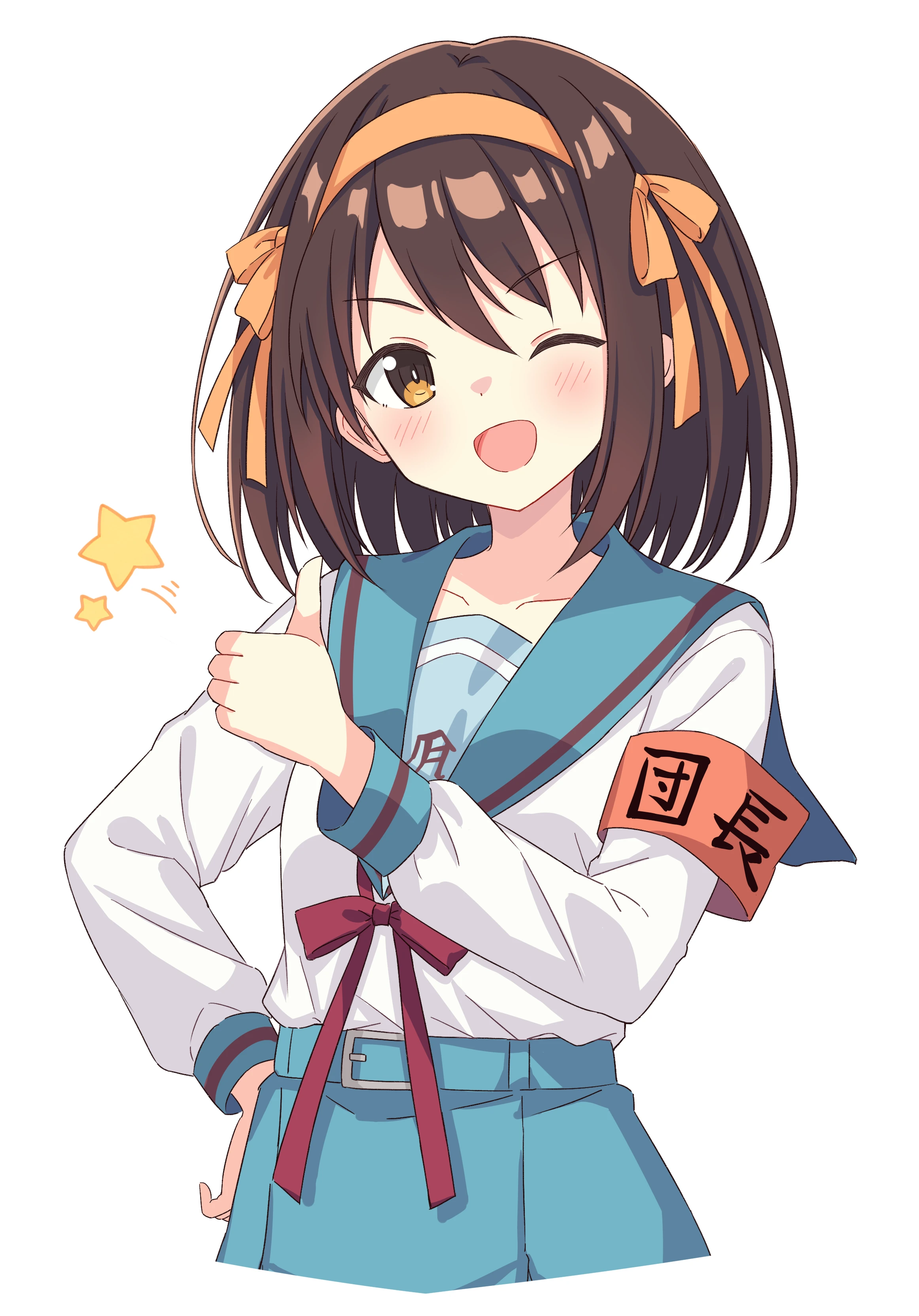 setteiset, suzumiya haruhi, suzumiya haruhi no yuuutsu, absurdres, highres, 1girl, ;d, armband, belt, blue belt, blue sailor collar, blue skirt, blush, bow, bowtie, bright pupils, brown eyes, brown hair, cowboy shot, cropped legs, hair between eyes, hair bow, hair ribbon, hairband, hand on own hip, hand up, happy, kita high school uniform, long sleeves, looking at viewer, medium hair, one eye closed, open mouth, orange bow, orange hairband, orange ribbon, red armband, red bow, red bowtie, ribbon, sailor collar, school uniform, serafuku, shirt, simple background, skirt, smile, solo, star (symbol), straight hair, thumbs up, v-shaped eyebrows, white background, white pupils, white shirt