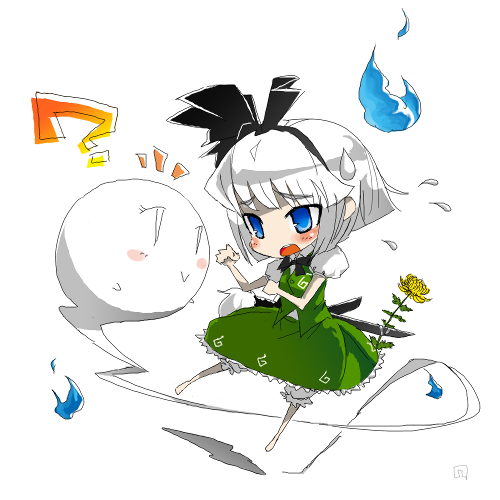 uyori, konpaku youmu, konpaku youmu (ghost), touhou, bad id, bad pixiv id, 1girl, :>, ?, chibi, female focus, flower, hitodama, solo