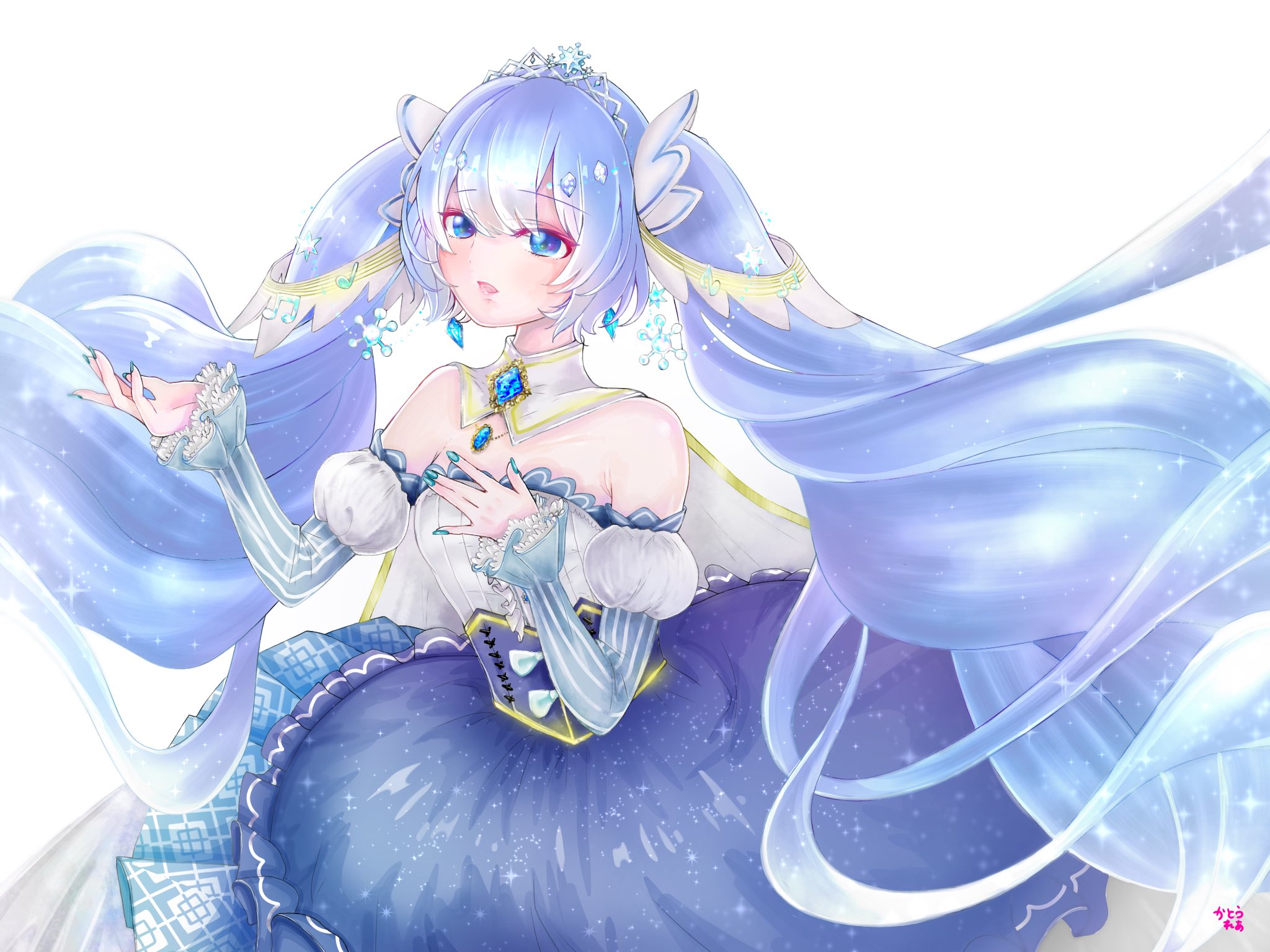 katorea, hatsune miku, yuki miku, yuki miku (2019), vocaloid, highres, 1girl, aqua eyes, aqua hair, aqua nails, detached collar, detached sleeves, dress, fortissimo, gold trim, hair between eyes, hair ornament, hand on own chest, long hair, long sleeves, looking at viewer, musical note, musical note hair ornament, official alternate costume, official alternate hairstyle, open mouth, princess, puffy long sleeves, puffy sleeves, smile, solo, strapless, strapless dress, twintails, very long hair