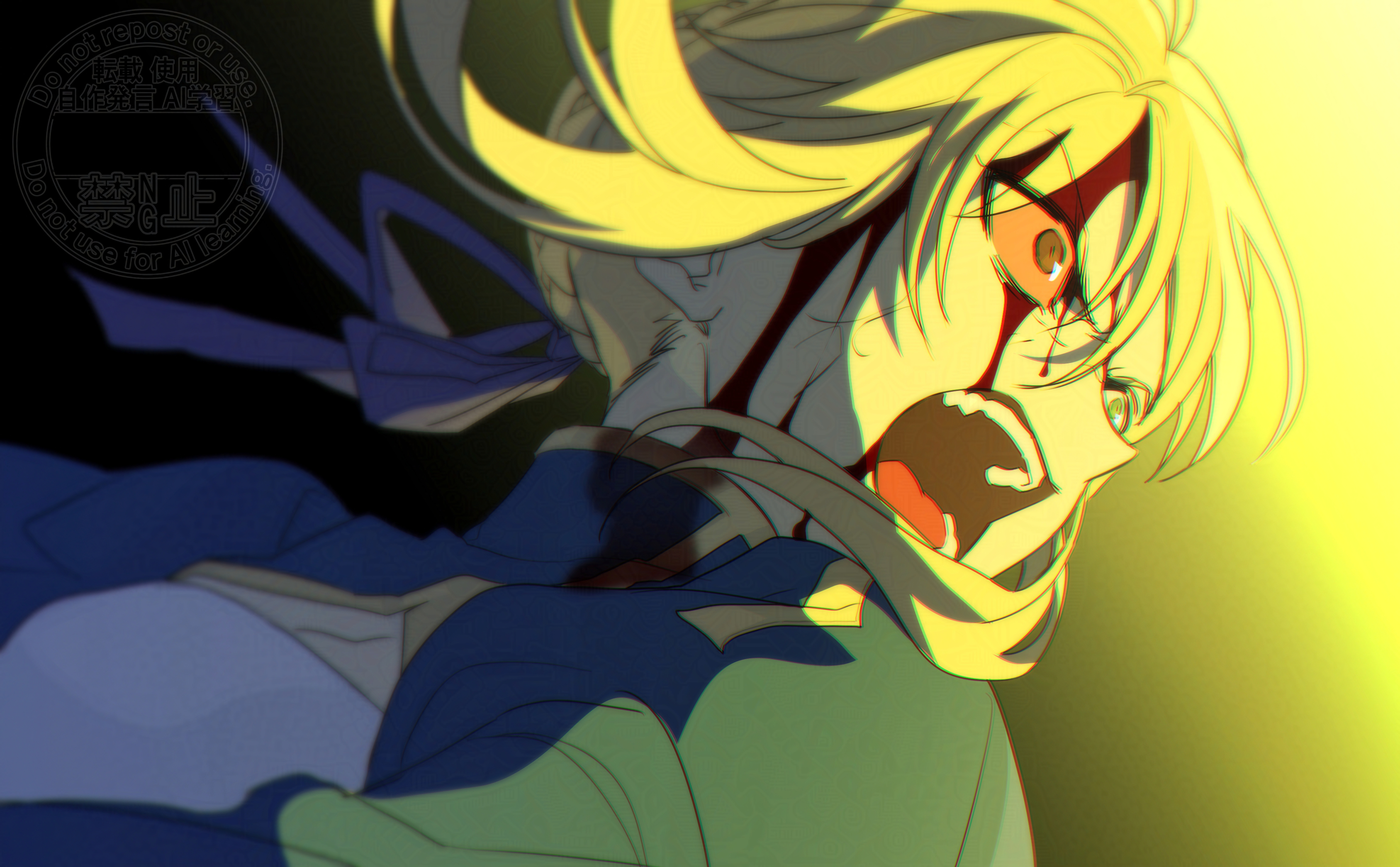 0304rong0304, artoria pendragon (fate), saber (fate), fate/stay night, fate (series), absurdres, commentary request, highres, korean commentary, 1girl, blonde hair, blood, blood from mouth, blood in hair, blood on clothes, blood on face, bloody tears, braid, braided bun, breasts, cleavage, cleavage cutout, clothing cutout, gradient background, hair bun, hair ribbon, open mouth, portrait, ribbon, single hair bun, small breasts, solo