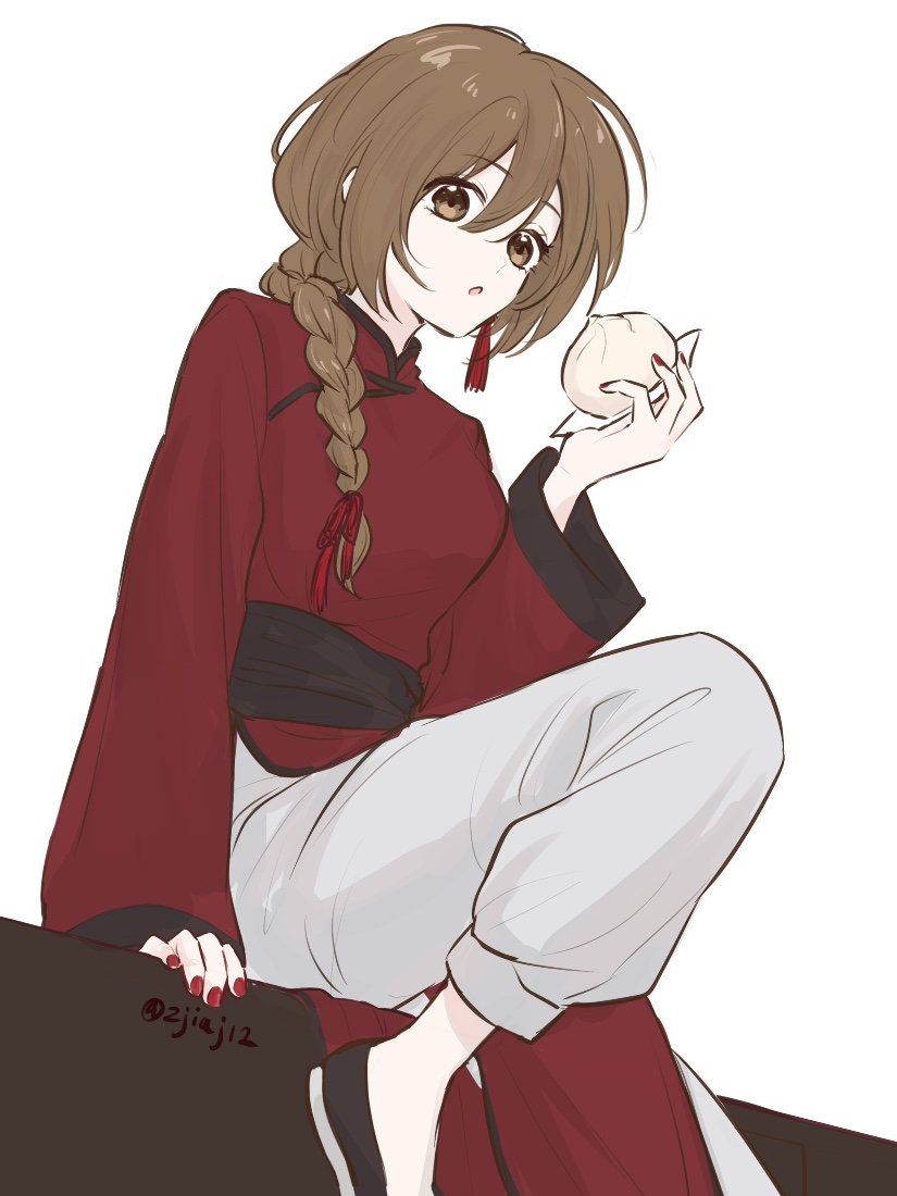 hariikei, meiko (vocaloid), vocaloid, commentary request, 1girl, alternate hair length, alternate hairstyle, braid, brown eyes, brown hair, chinese clothes, earrings, food, hair ribbon, holding, holding food, jewelry, long hair, long sleeves, looking at viewer, mandarin collar, nail polish, pants, parted lips, ribbon, sitting, solo, steamed bun, tassel, tassel earrings