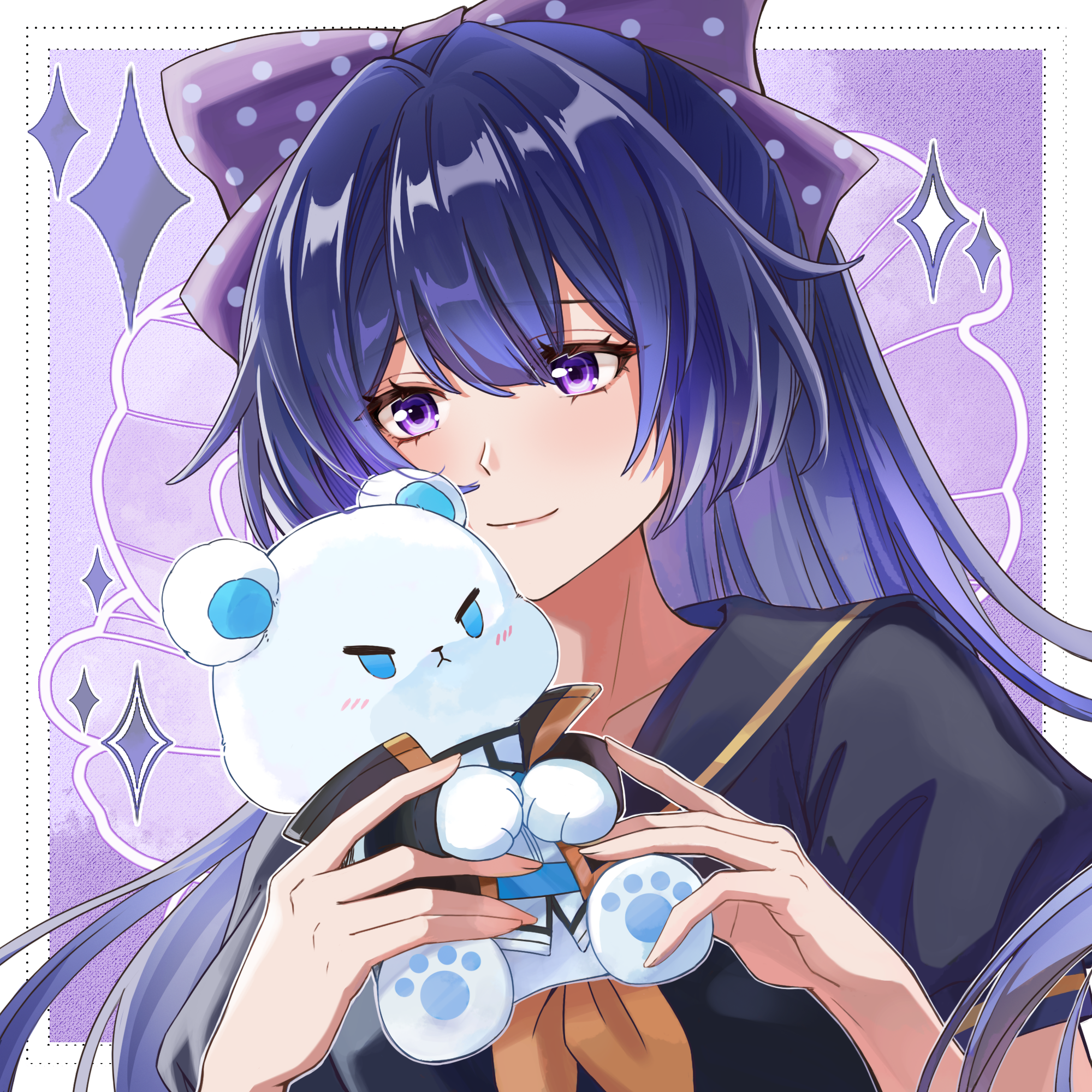 shiregotoaka, kevin kaslana, mei (honkai impact), honkai (series), honkai impact 3rd, chinese commentary, highres, 1girl, blush, bow, character doll, closed mouth, collarbone, doll, gradient hair, hair between eyes, hair bow, head tilt, holding, light smile, long hair, looking down, looking to the side, multicolored hair, no eyewear, official alternate costume, purple background, purple eyes, purple hair, school uniform, shade, short sleeves, solo, stuffed animal, stuffed toy, teddy bear, upper body