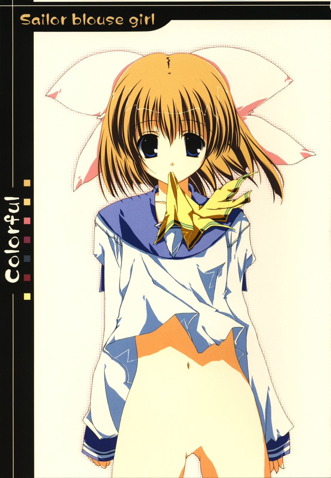 kannazuki nemu, highres, 1girl, blonde hair, blue eyes, female focus, hair ribbon, mouth hold, no panties, no pussy, ribbon, school uniform, short hair, solo