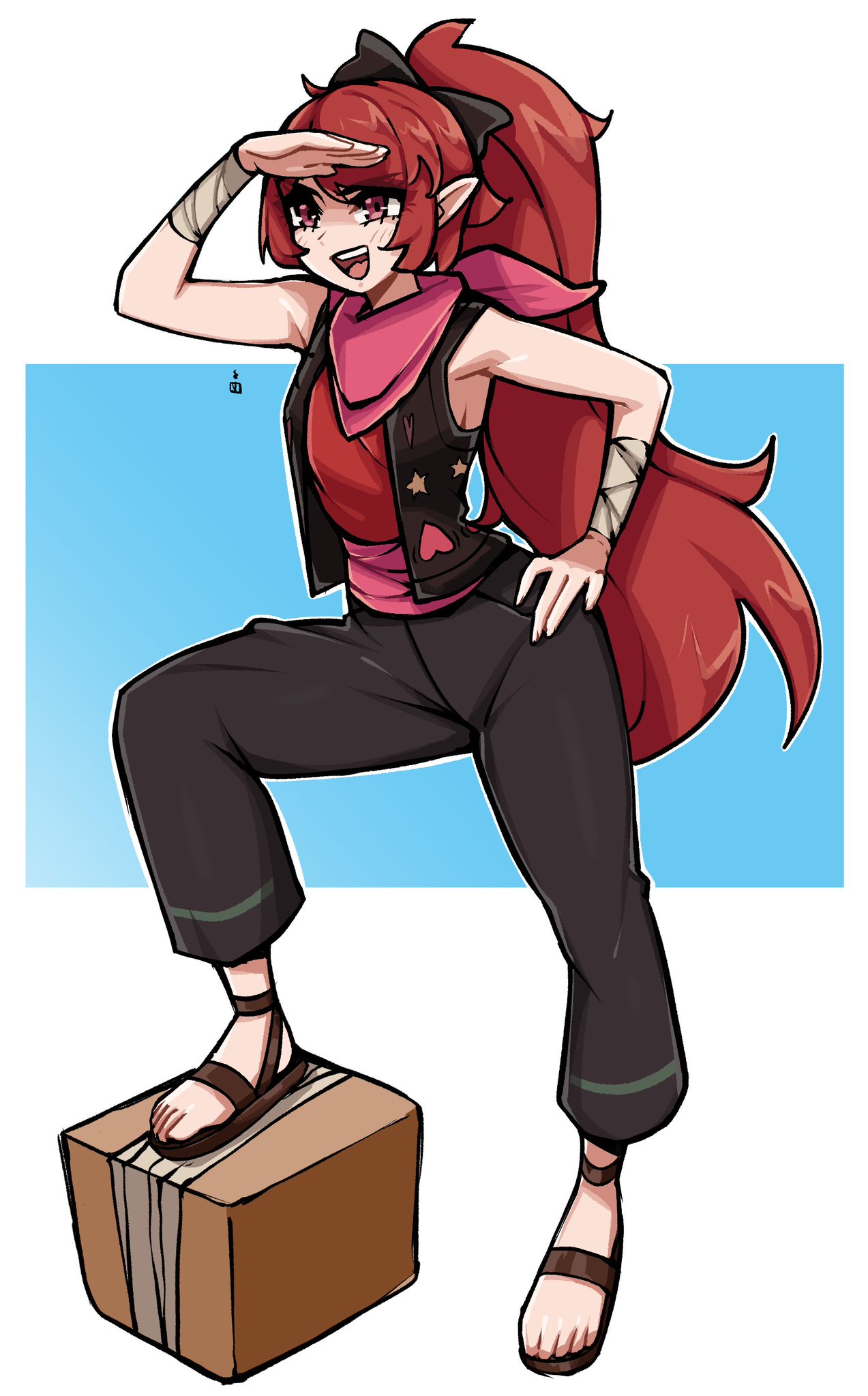 oninuer, original, commentary, commission, english commentary, highres, 1girl, bandana, bandana around neck, black pants, black vest, brown sandals, captain morgan pose, full body, hand on own hip, hand up, long hair, looking ahead, open clothes, open mouth, open vest, pants, pink bandana, ponytail, red eyes, red hair, red shirt, sandals, shading eyes, shirt, sleeveless, sleeveless shirt, smile, solo, toes, vest