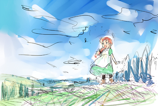 nonaka yuu, 1girl, child, cloud, day, female focus, field, sketch, sky, solo, tree
