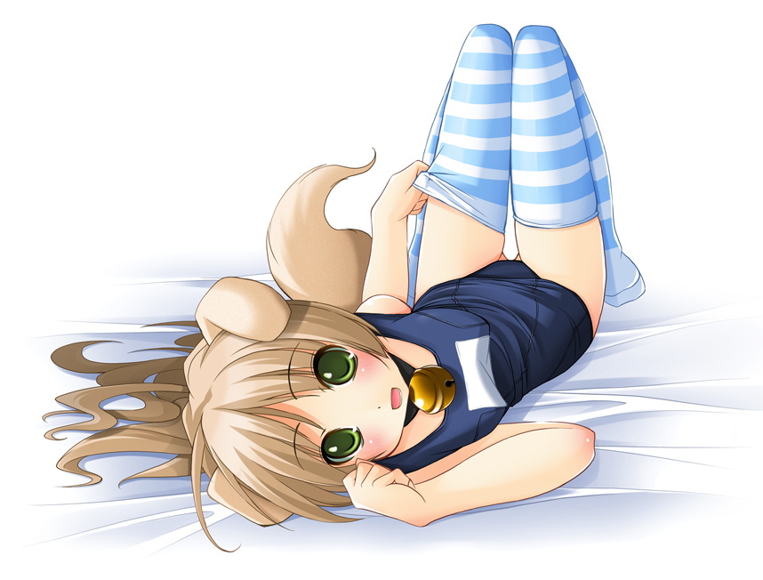 shibacha, original, 1girl, animal ears, bell, blush, brown hair, collar, dog ears, dog tail, female focus, green eyes, long hair, looking at viewer, lying, neck bell, on back, one-piece swimsuit, open mouth, school swimsuit, solo, striped clothes, striped thighhighs, swimsuit, tail, thighhighs, thighhighs pull