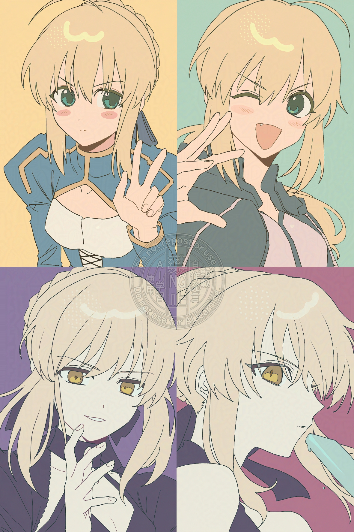 0304rong0304, artoria pendragon (fate), artoria pendragon (swimsuit archer) (fate), artoria pendragon (swimsuit archer) (second ascension) (fate), saber (fate), saber alter, saber alter (swimsuit rider) (second ascension), saber alter (third ascension), fate/grand order, fate (series), commentary request, highres, korean commentary, 4girls, ahoge, black hoodie, blonde hair, braid, breasts, cleavage, cleavage cutout, clothing cutout, fang, food, green eyes, hood, hoodie, medium breasts, multiple girls, one eye closed, pale skin, popsicle, small breasts, v-shaped eyebrows, w, watermark, yellow eyes
