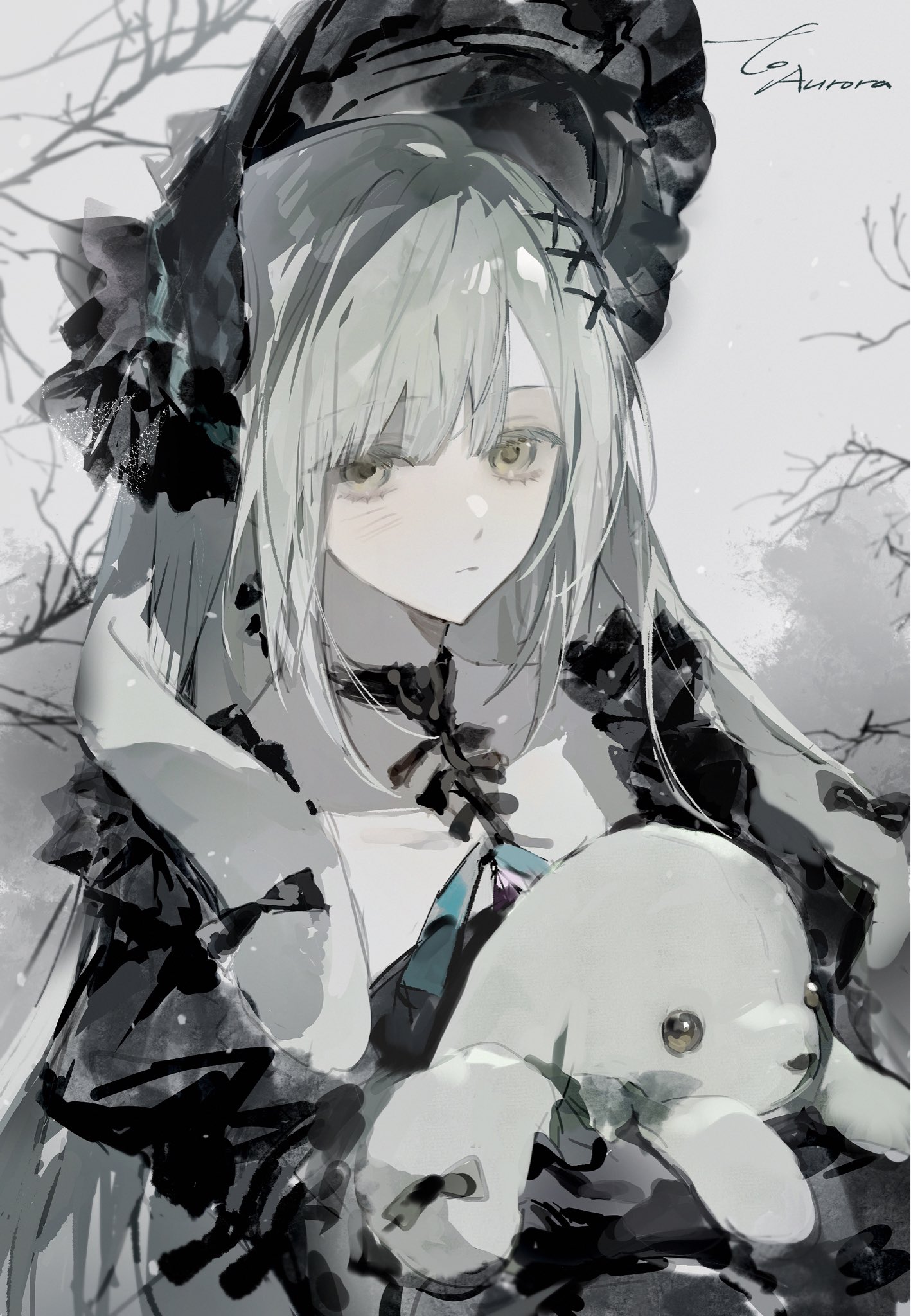 qing yan xia, wakaba mutsumi, wakaba mutsumi (marionette's id), arknights, bang dream!, bang dream! it's mygo!!!!!, highres, 1girl, animal ears, bare tree, black bonnet, black bow, black choker, black dress, bonnet, bow, choker, closed mouth, dress, expressionless, floppy ears, frilled dress, frills, gothic lolita, green hair, hair ornament, holding, holding stuffed toy, juliet sleeves, lolita fashion, long hair, long sleeves, outdoors, puffy sleeves, rabbit ears, rabbit girl, solo, stuffed animal, stuffed rabbit, stuffed toy, tree, upper body, x hair ornament, yellow eyes