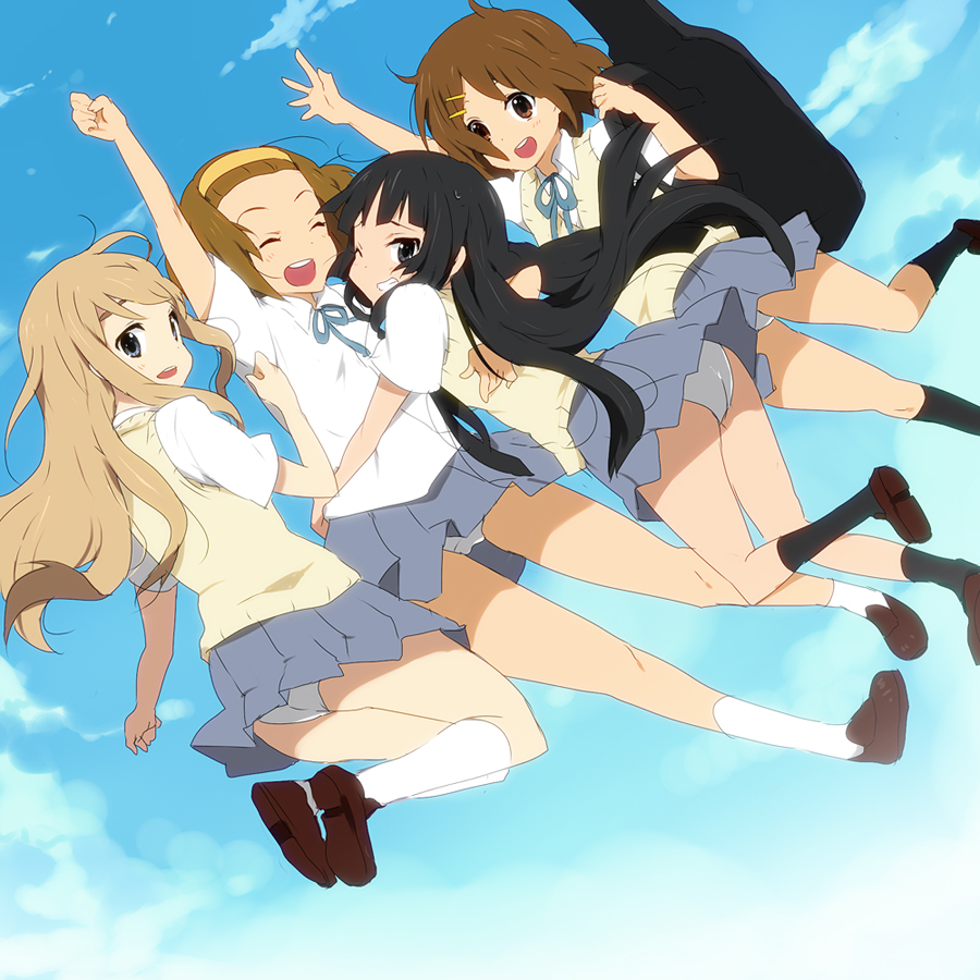 kl (dgzonbi), akiyama mio, hirasawa yui, kotobuki tsumugi, tainaka ritsu, k-on!, white legwear, 00s, 4girls, arm up, ass, black hair, black socks, blonde hair, blue eyes, brown eyes, brown hair, closed eyes, day, dutch angle, grey eyes, guitar case, hair ornament, hairband, hairclip, happy, ho-kago tea time, hug, instrument case, jumping, kneehighs, long hair, multiple girls, open mouth, panties, pantyshot, pleated skirt, ribbon, round teeth, school uniform, short hair, skirt, sky, socks, teeth, underwear, upskirt, vest, white panties, wince