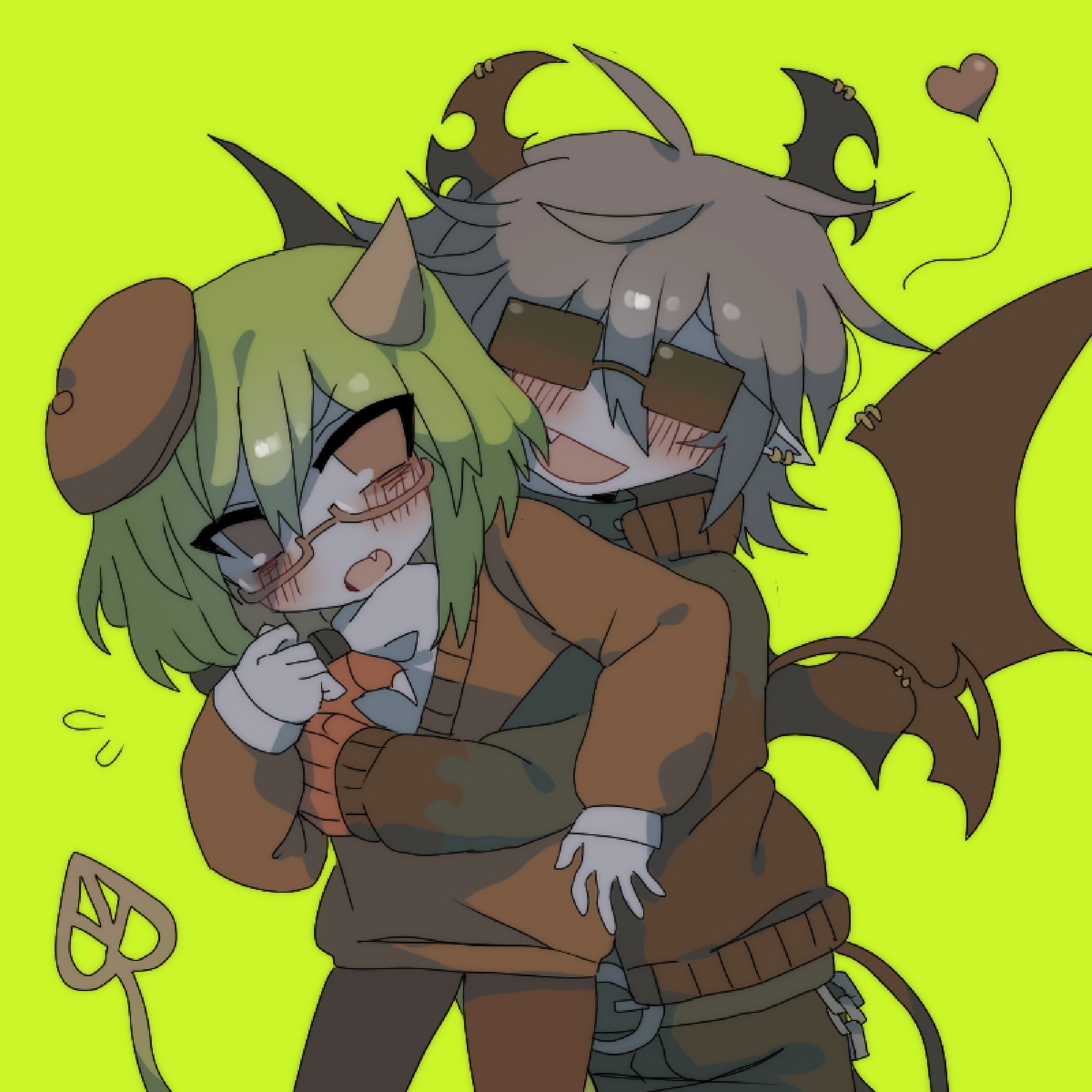 deliriumcenter, emalf (funamusea), yosafire (funamusea), funamusea, haiiro teien, hashtag-only commentary, highres, 1boy, 1girl, ahoge, blush, brown hair, brown wings, collar, colored skin, cowboy shot, demon boy, demon girl, demon horns, demon tail, demon wings, ear piercing, fang, flying sweatdrops, glasses, green background, green hair, hair between eyes, hat, heart, horn piercing, horns, hug, hug from behind, jacket, jewelry, long sleeves, open mouth, piercing, rectangular eyewear, red eyes, red sweater, semi-rimless eyewear, shirt, short hair, simple background, single horn, smile, spiked collar, spikes, sunglasses, sweater, tail, under-rim eyewear, white shirt, white skin, wing piercing, wings