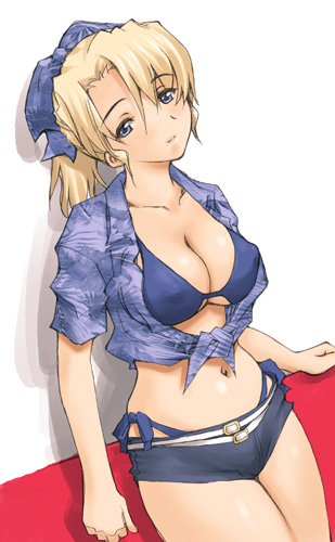ishida masayuki, out run, out run online arcade, sega, lowres, 1girl, belt, bikini, bikini under clothes, blonde hair, blue bikini, blue eyes, blue ribbon, blue shirt, breasts, cleavage, collarbone, female focus, front-tie top, hair ribbon, large breasts, long hair, navel, ponytail, ribbon, shirt, short shorts, short sleeves, shorts, side-tie bikini bottom, solo, swimsuit, tied shirt, white belt