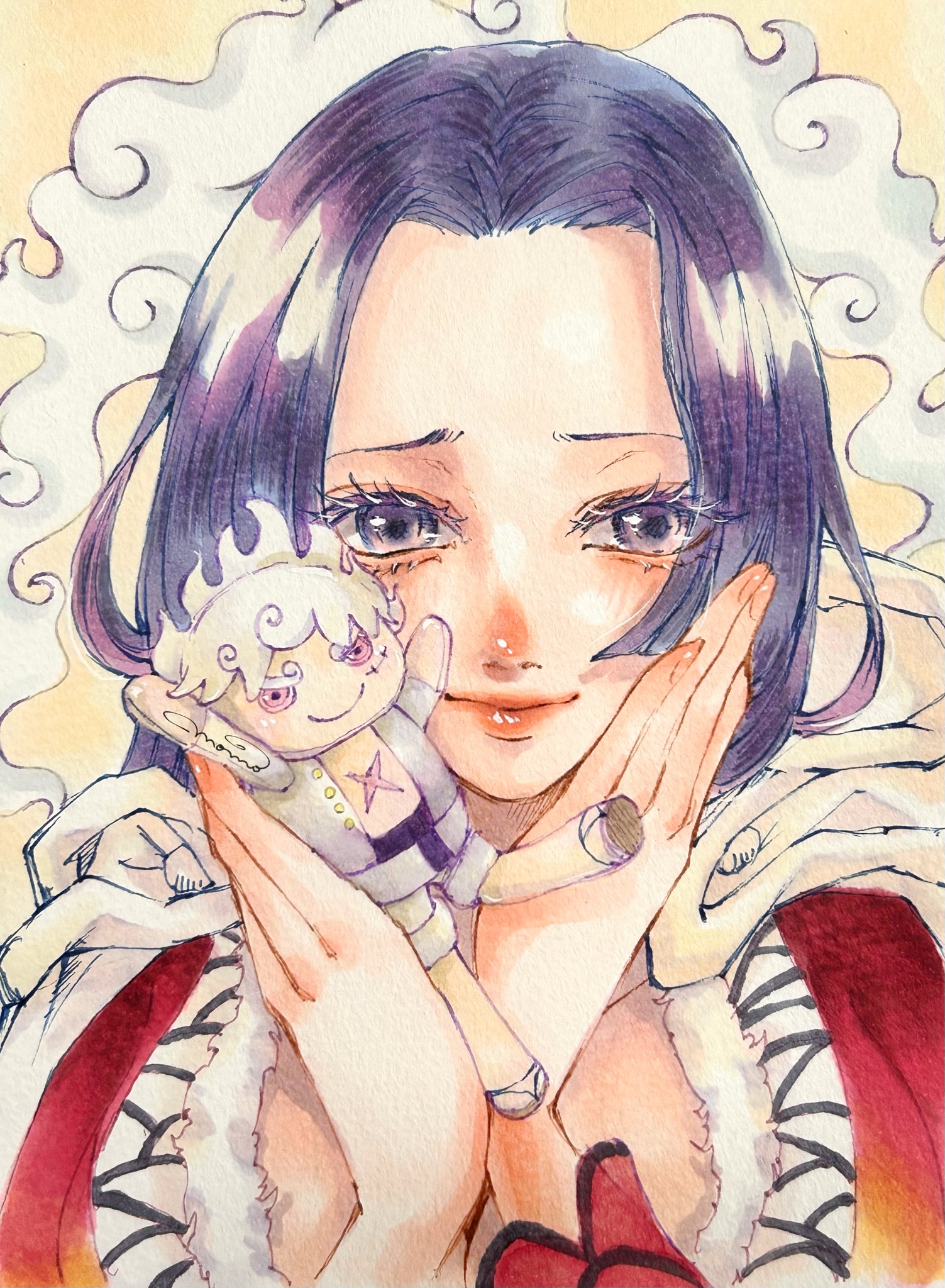 momopine op, boa hancock, monkey d. luffy, one piece, highres, mixed-language commentary, traditional media, 1girl, aegyo sal, blush, cape, closed mouth, eyelashes, hagoromo, hands on own face, holding, holding stuffed toy, hood, hooded cape, long hair, looking to the side, shawl, sidelocks, smile, stuffed animal, stuffed toy, white hair
