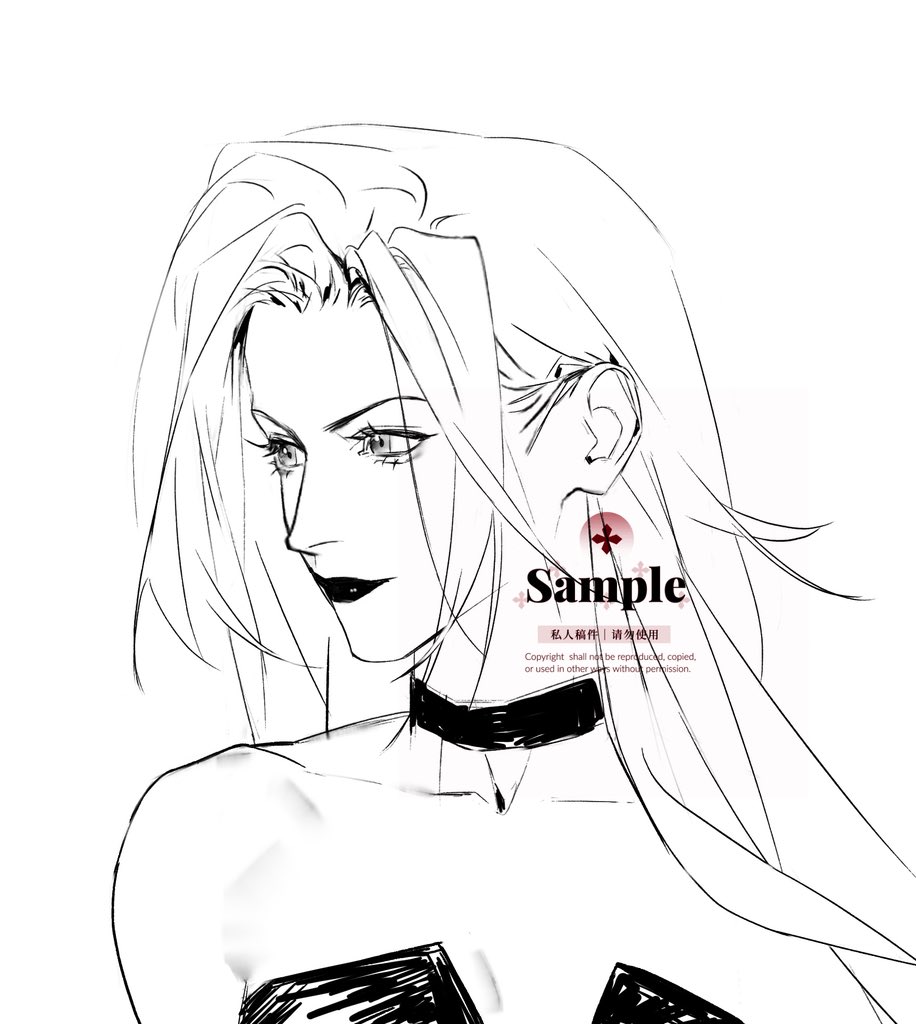 trish (devil may cry), devil may cry (series), devil may cry 5, 1girl, bare shoulders, black choker, black lips, black shirt, breasts, choker, cleavage, collarbone, hair behind ear, light smile, long hair, medium breasts, parted bangs, rotzeichen, sample watermark, shirt, sketch, solo, upper body, watermark, white background