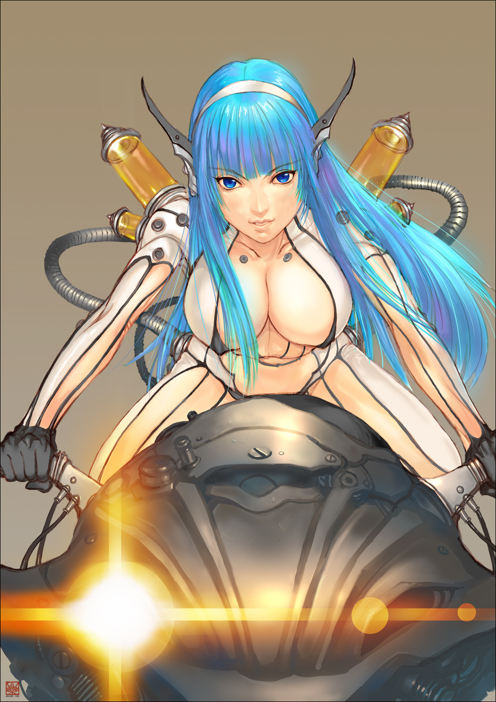 ariverkao, original, vehicle, highres, 1girl, blue eyes, blue hair, breasts, cleavage, female focus, gloves, hairband, large breasts, lips, long hair, matching hair/eyes, motor vehicle, motorcycle, navel, see-through clothes, solo