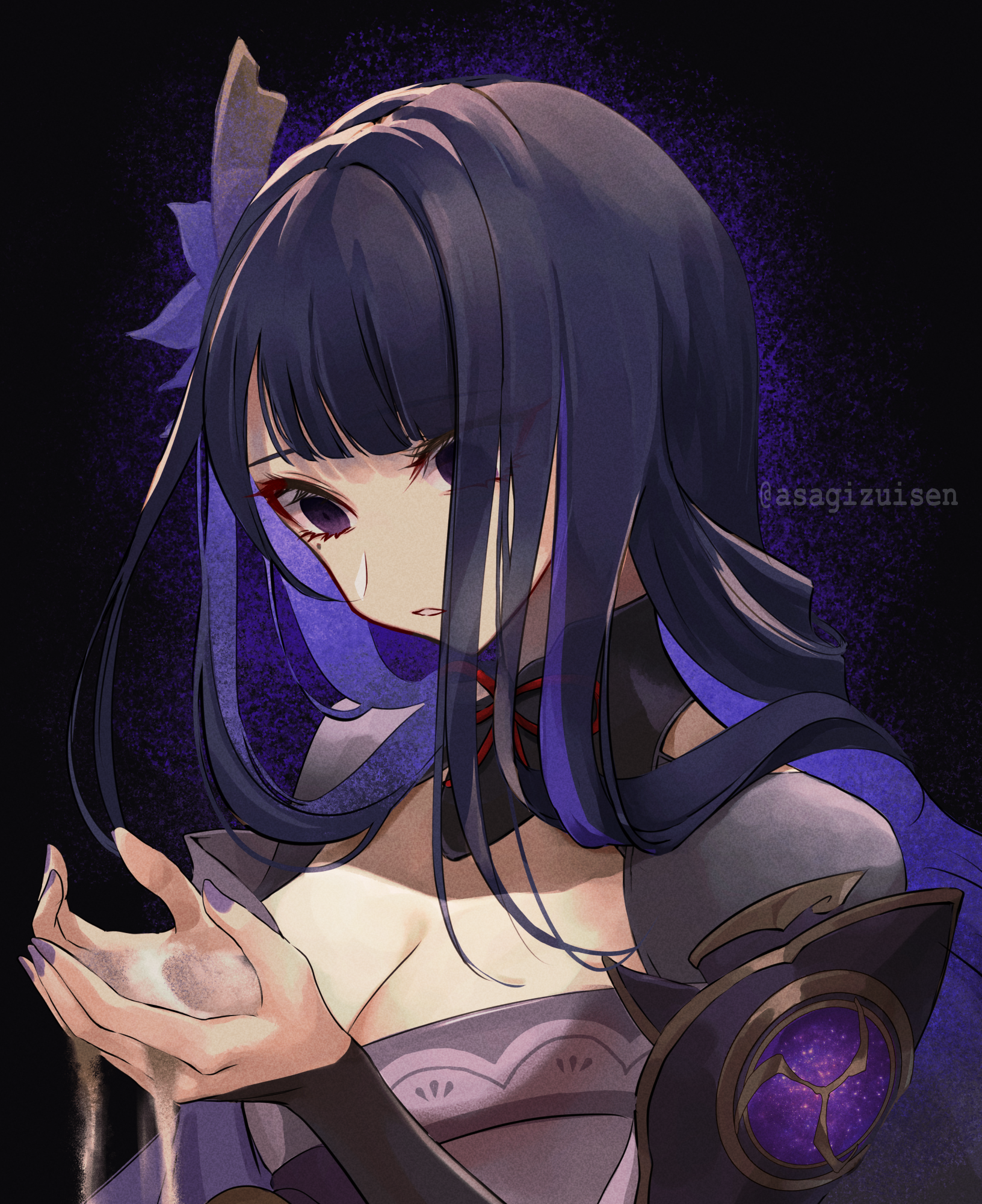 asagizuisen, raiden shogun, genshin impact, commentary request, highres, 1girl, armor, artist name, ashes, blunt bangs, breasts, bridal gauntlets, cleavage, clothing cutout, empty eyes, flower, flower ornament, gradient hair, hair ornament, holding, japanese clothes, kimono, large breasts, long hair, looking down, mole, mole under eye, multicolored hair, neck ribbon, off shoulder, parted lips, purple background, purple flower, purple hair, purple kimono, purple nails, red ribbon, red sash, ribbon, sad, sash, shade, shoulder armor, shoulder cutout, solo, standing, twitter username, upper body