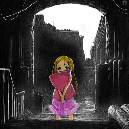 uyori, bad id, bad pixiv id, lowres, 1girl, alley, blonde hair, blue eyes, child, dress, female focus, hugging object, pillow, pillow hug, pink dress, rain, solo