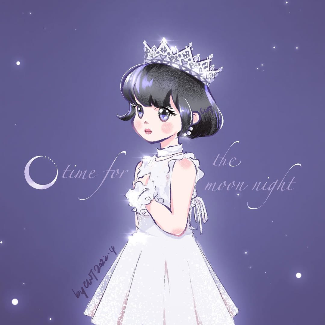 eunha (gfriend), gfriend, commentary, english commentary, 1girl, artist name, black hair, blunt bangs, blush stickers, bob cut, chibi, closed mouth, crown, dress, earrings, eyelashes, frilled wrist cuffs, frills, glint, jewelry, looking ahead, purple background, sleeveless, sleeveless dress, song name, viviz, weitingcccc, white dress, wrist cuffs